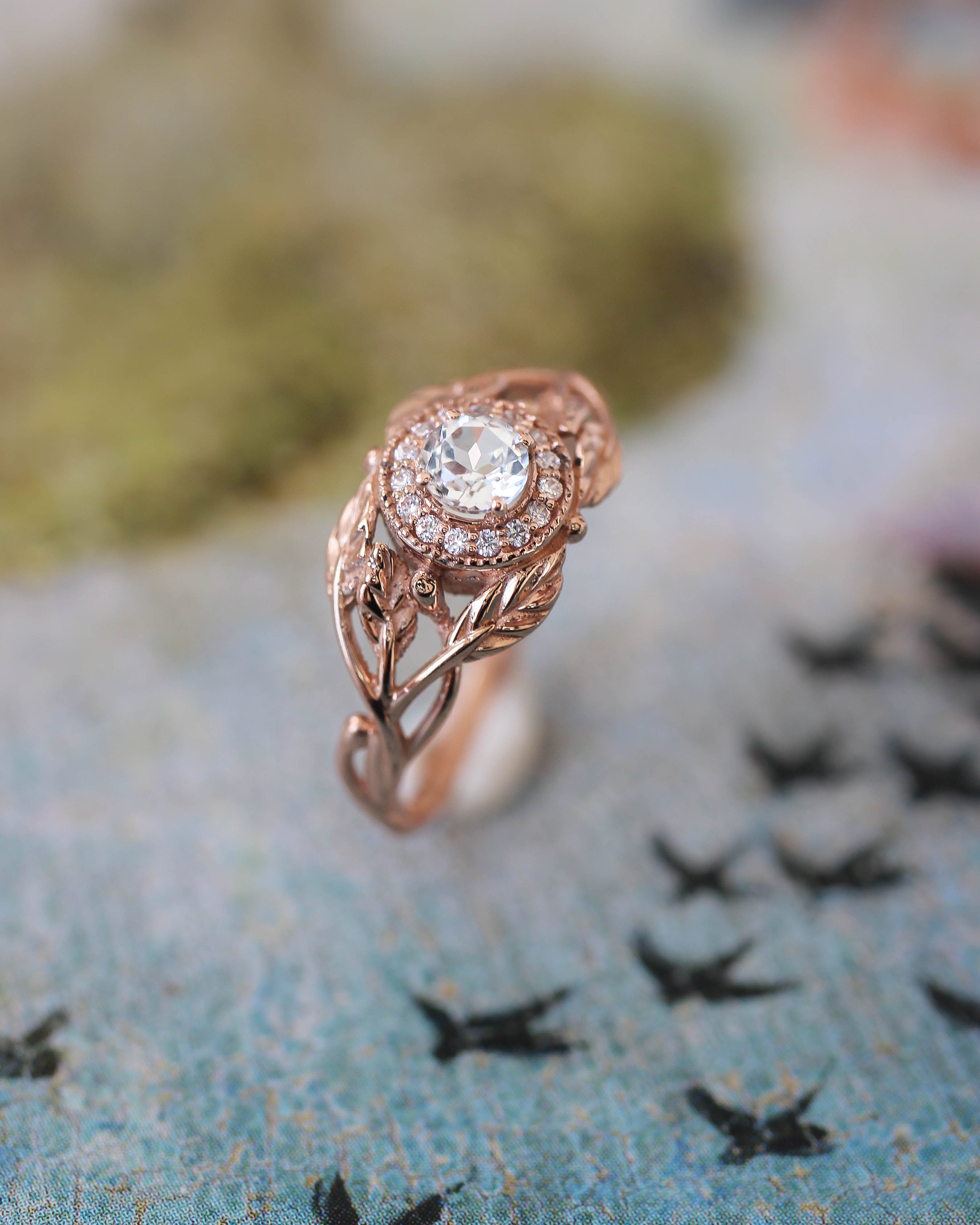 Leaf engagement ring with natural diamonds / Tilia halo - Eden Garden Jewelry™