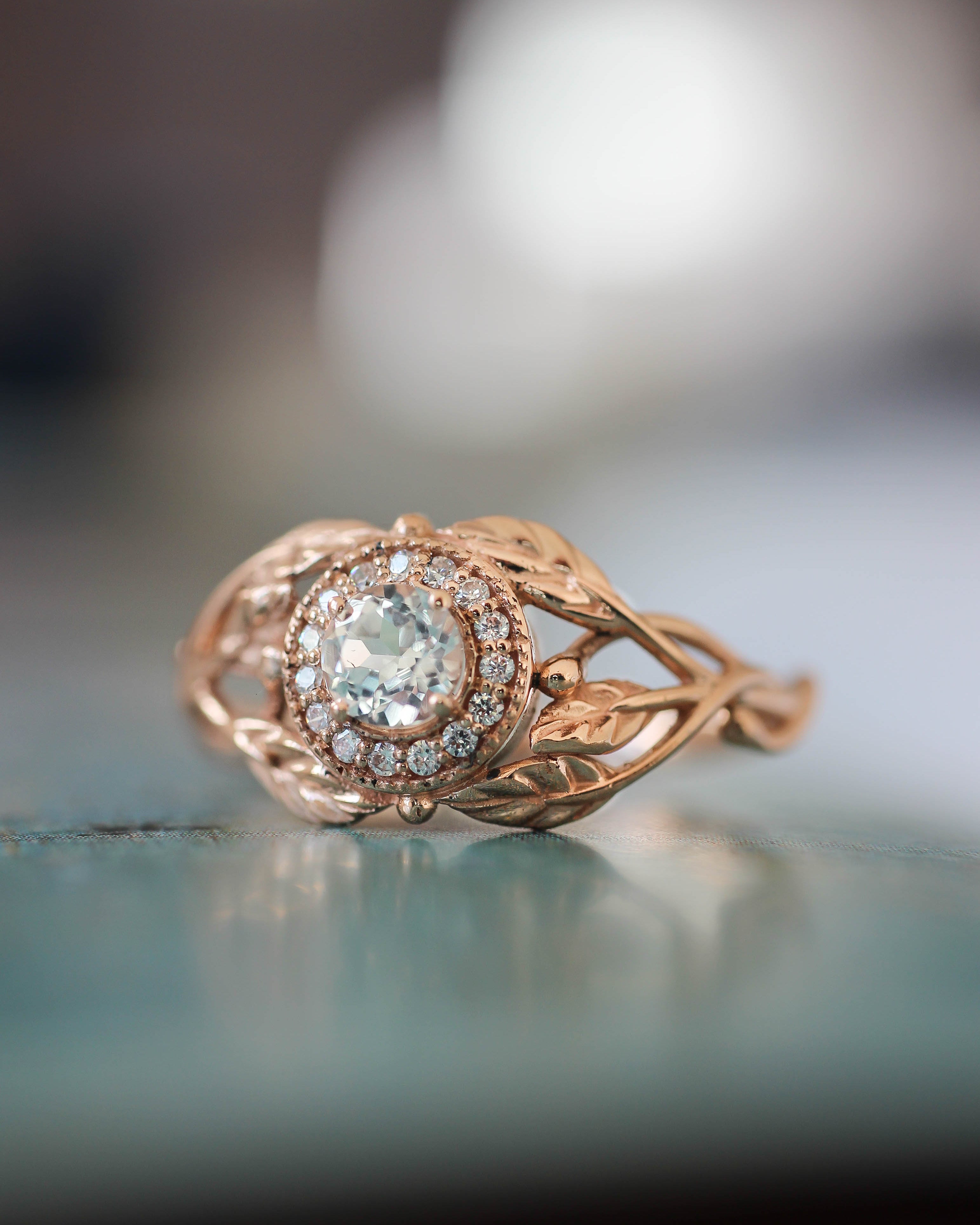 Leaf engagement ring with natural diamonds / Tilia halo - Eden Garden Jewelry™