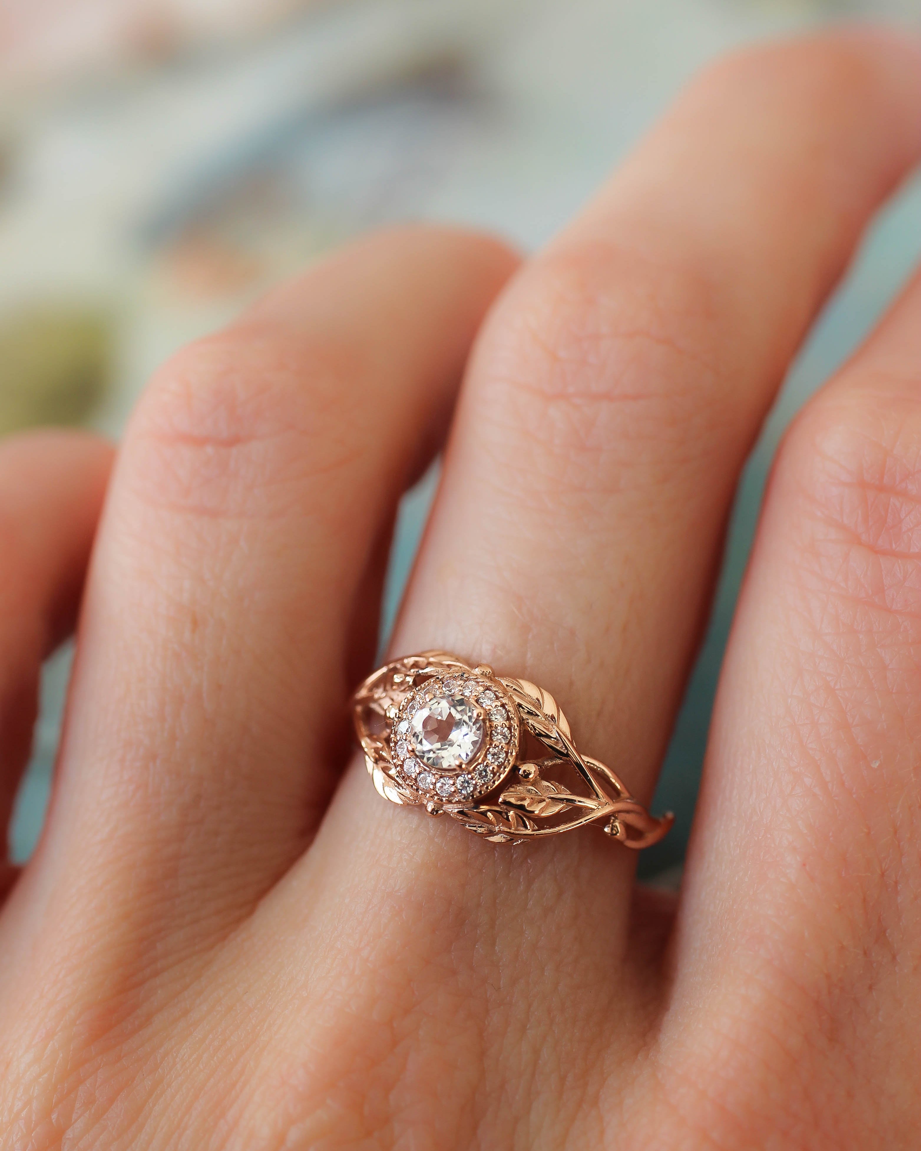 Leaf engagement ring with natural diamonds / Tilia halo - Eden Garden Jewelry™