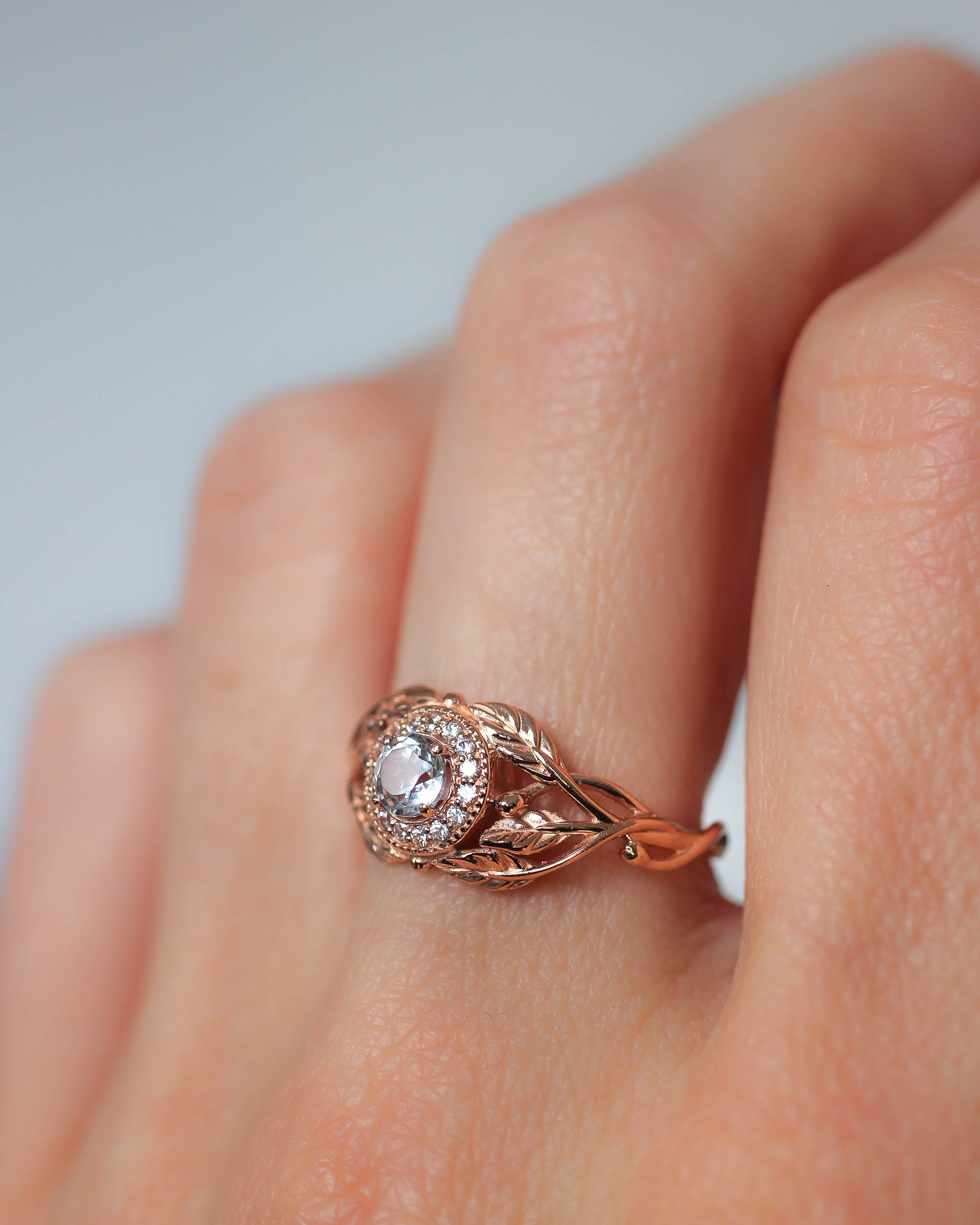 Leaf engagement ring with natural diamonds / Tilia halo - Eden Garden Jewelry™