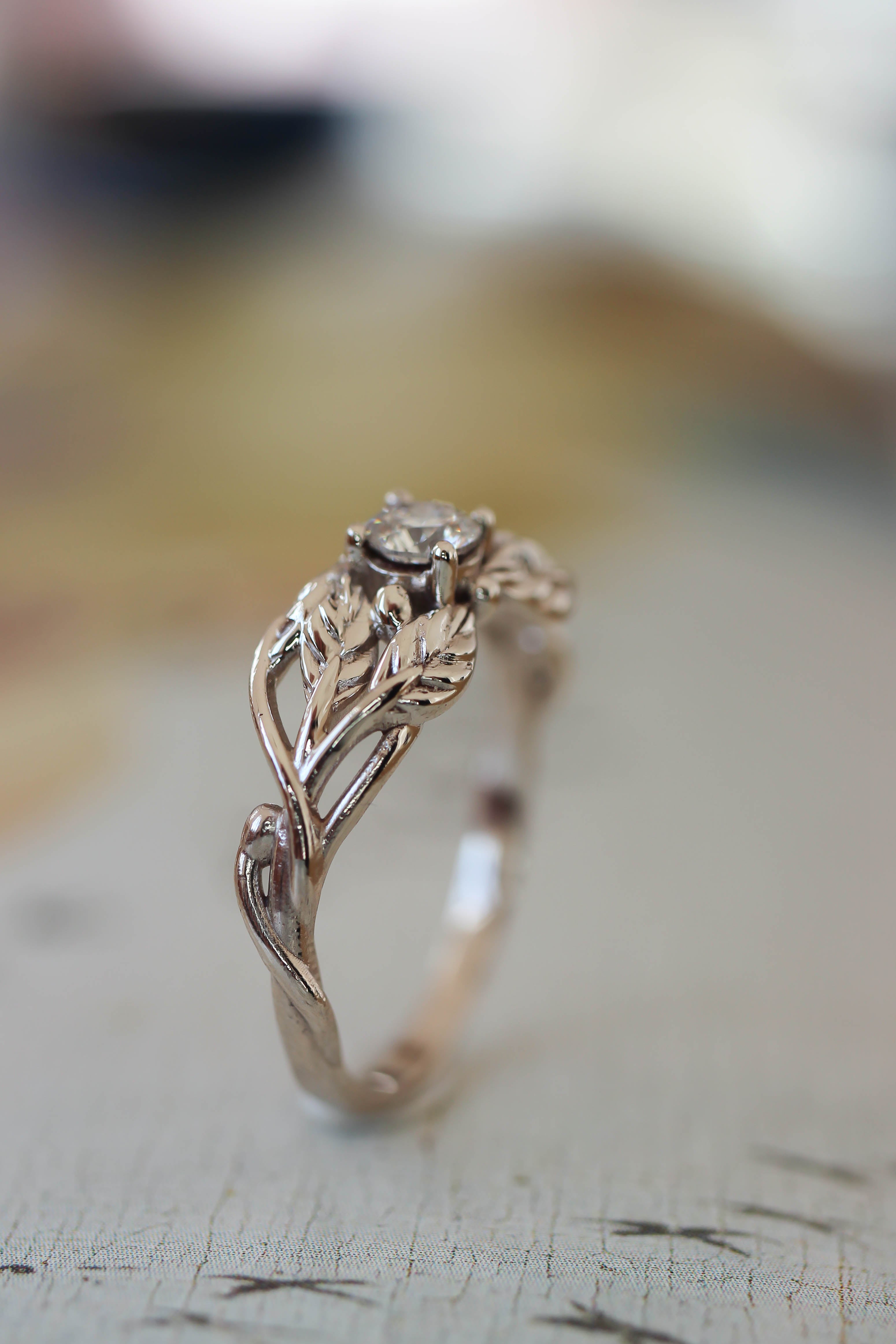 Nature inspired diamond ring, leaf engagement ring, unique ring