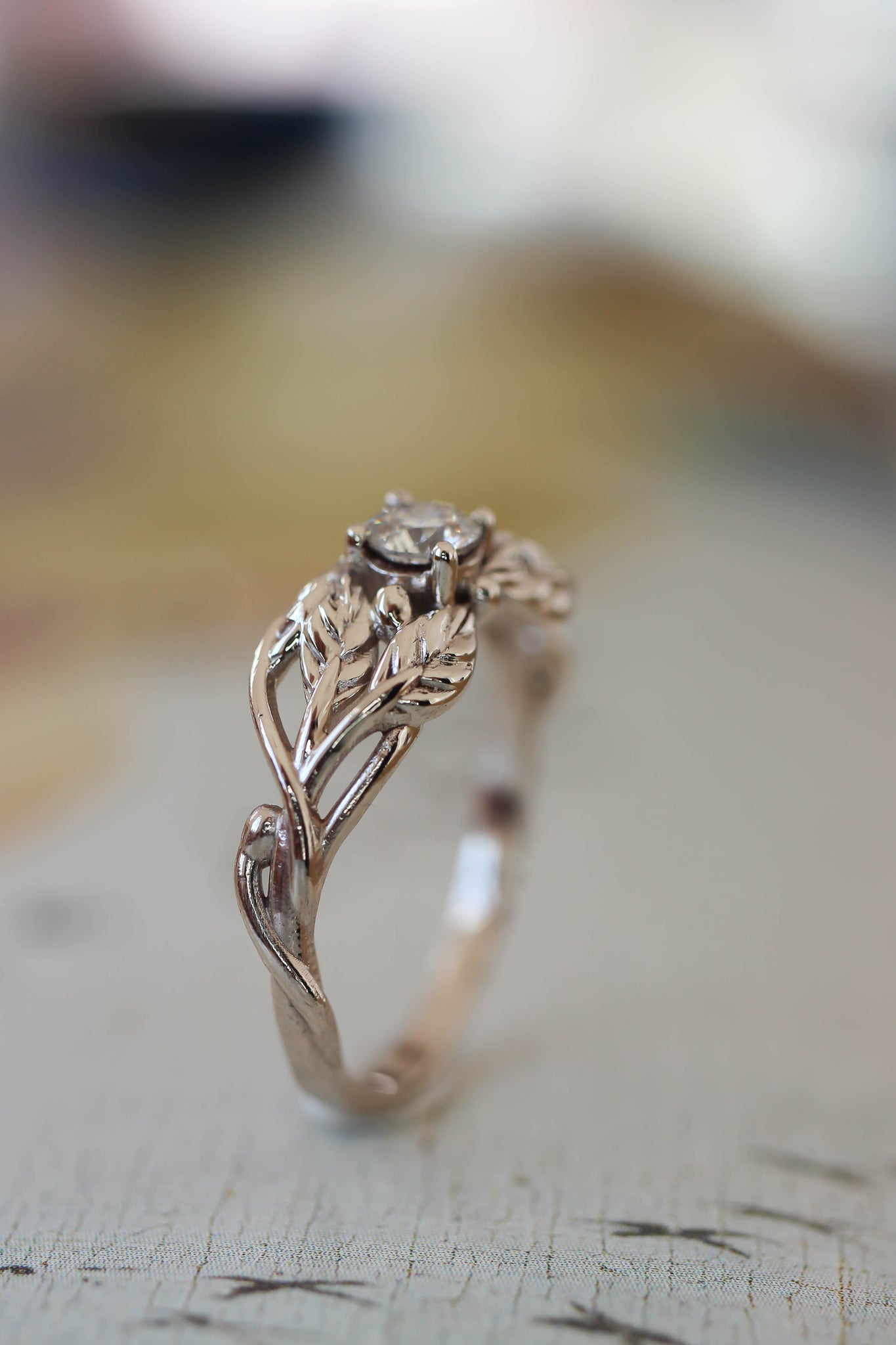 Tilia | leaf engagement ring setting, round 4 mm - Eden Garden Jewelry™