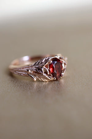 Leaf engagement ring with pear cut garnet / Wisteria - Eden Garden Jewelry™