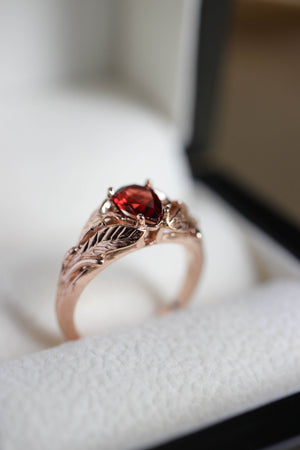 Leaf engagement ring with pear cut garnet / Wisteria - Eden Garden Jewelry™