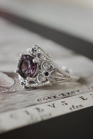 Purple spinel and black diamonds ring, stars engagement ring - Eden Garden Jewelry™