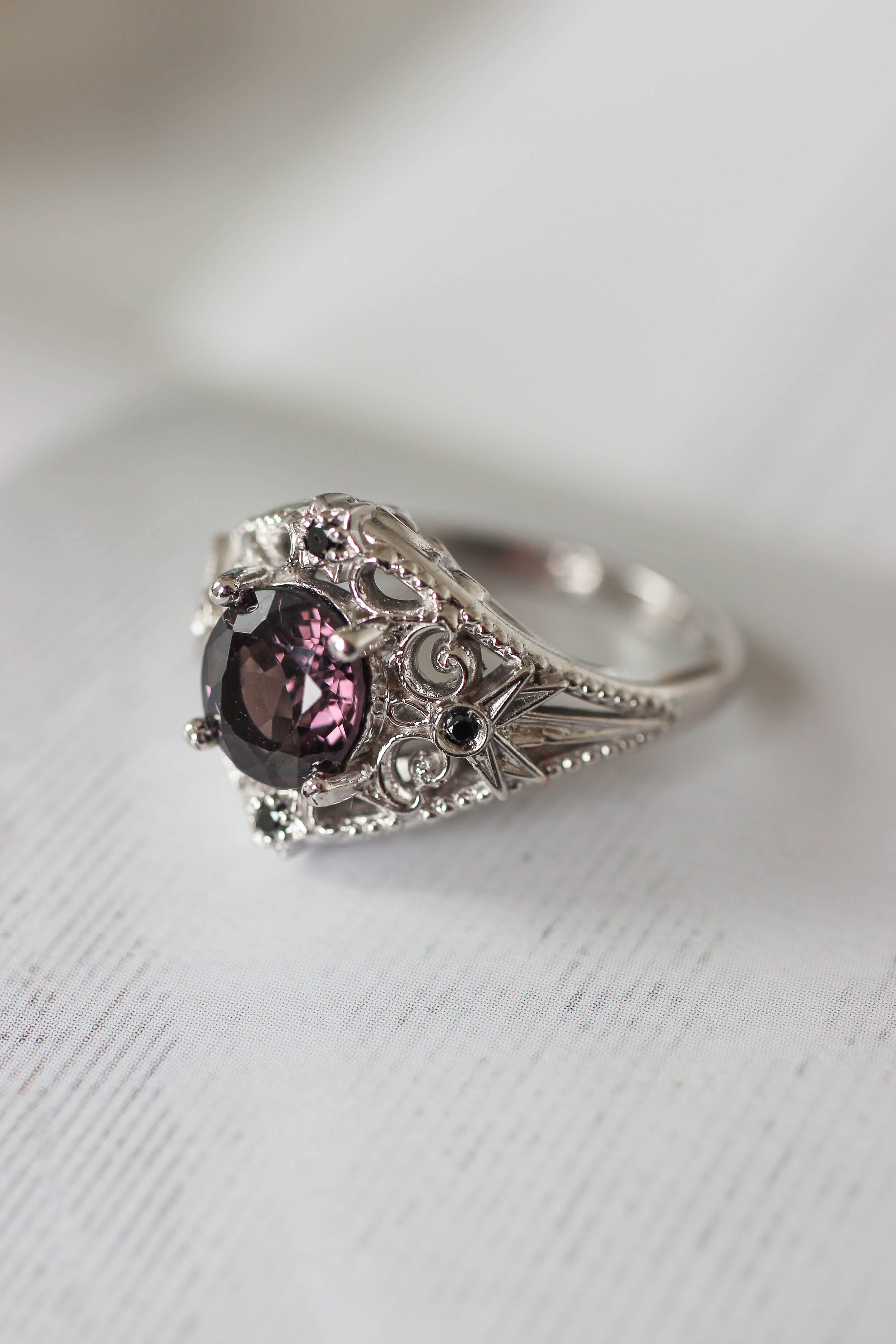 Black Diamond-Set Brass Engagement Ring, Purple