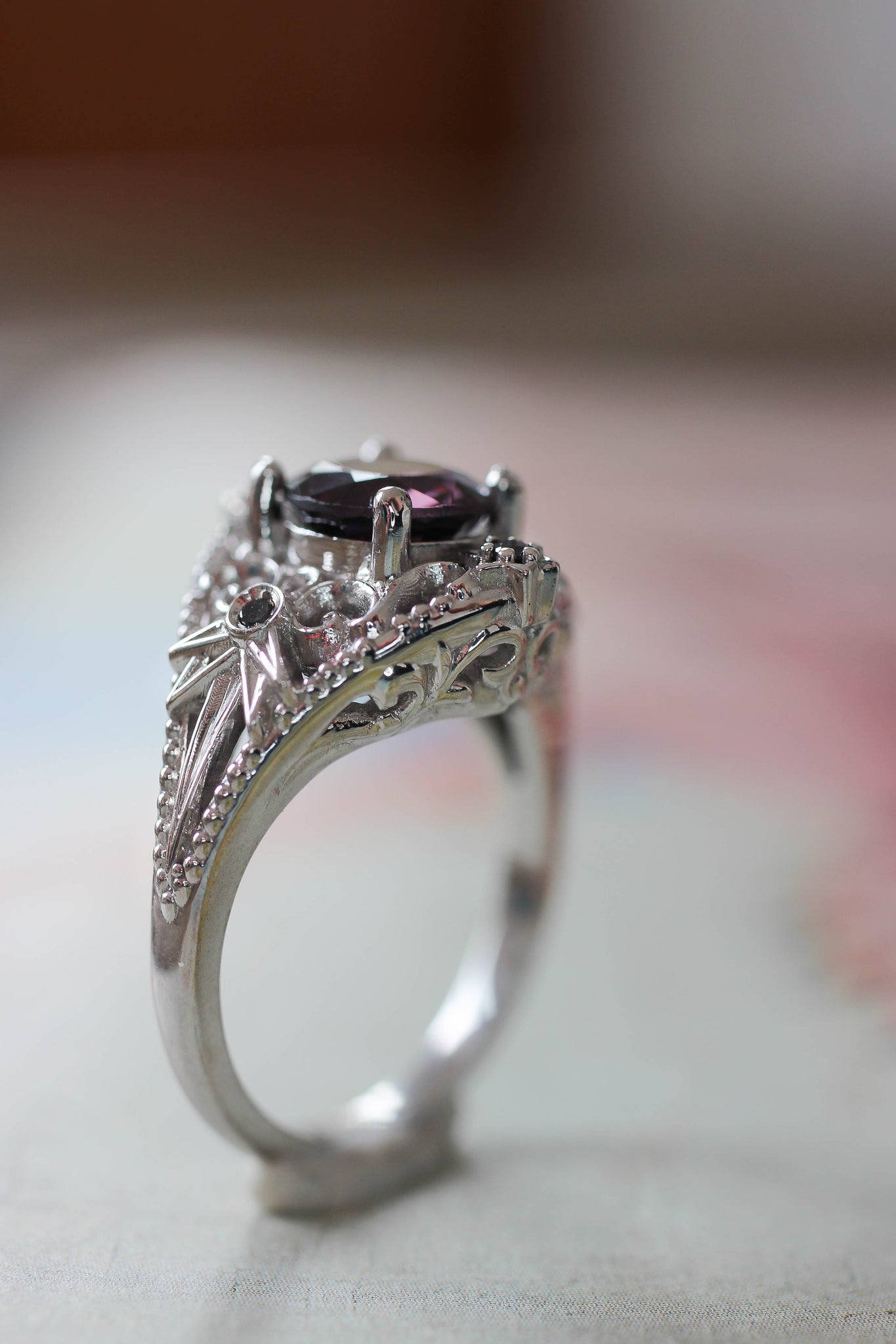 Purple spinel and black diamonds ring, stars engagement ring - Eden Garden Jewelry™