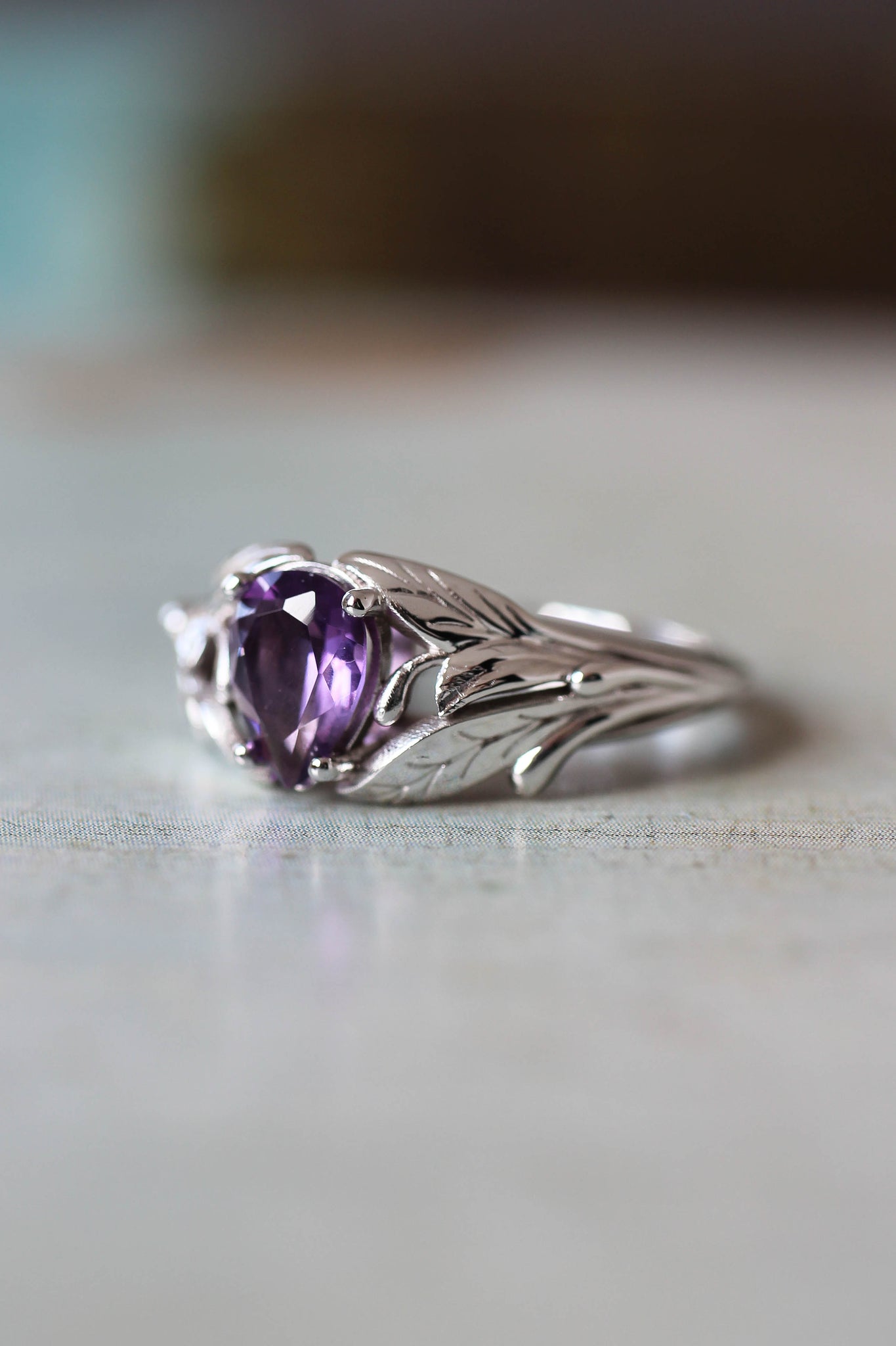 READY TO SHIP: Wisteria in 18K white gold, pear amethyst 7x5 mm, RING SIZE - 6.75 US - Eden Garden Jewelry™