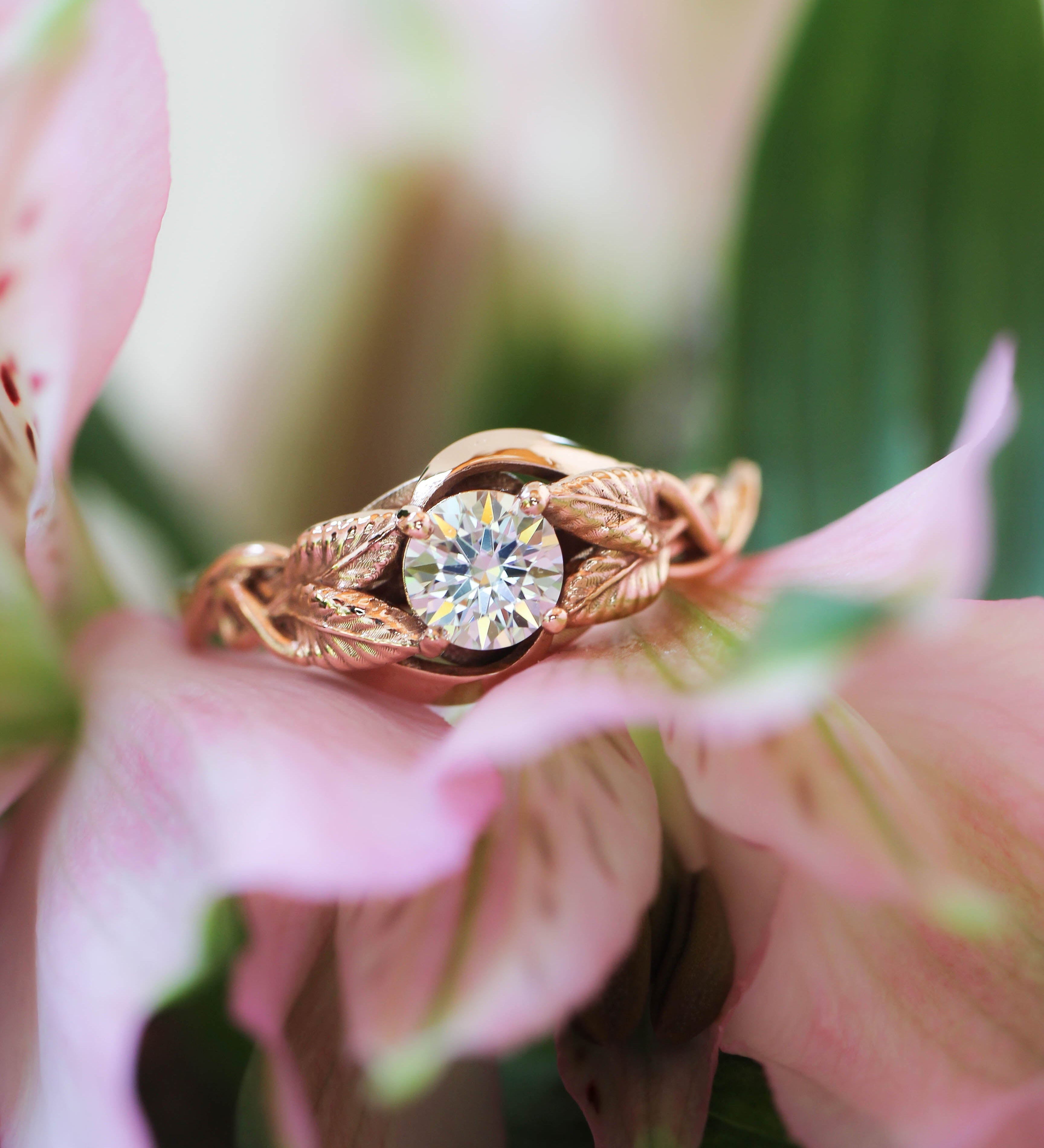 Moissanite leaf engagement ring / Azalea - Eden Garden Jewelry™