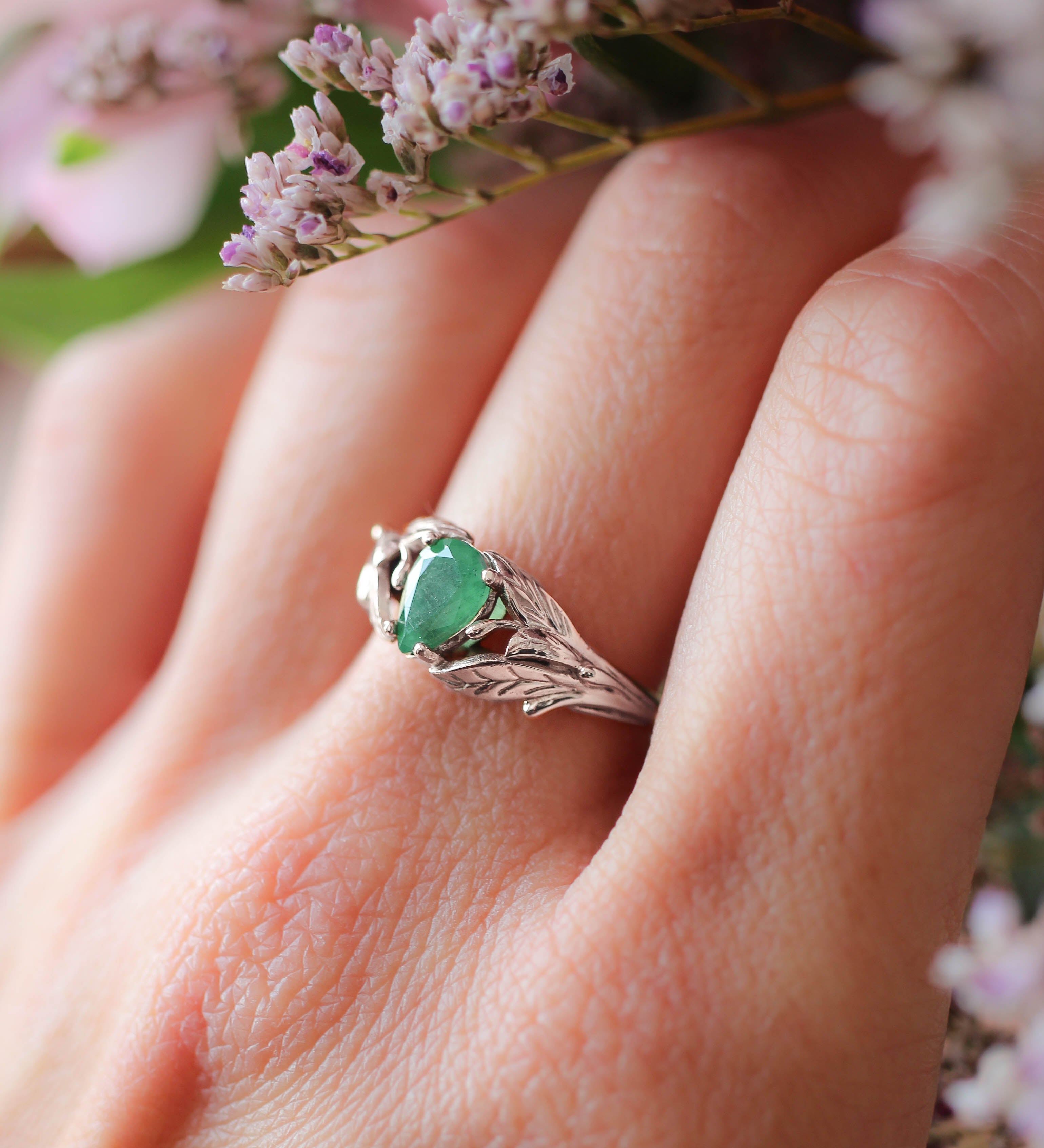 Pear cut emerald ring, leaves engagement ring / Wisteria - Eden Garden Jewelry™