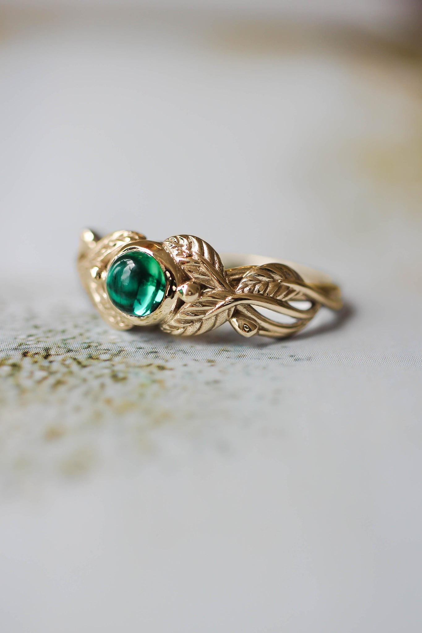 Lab emerald engagement ring / Cornus, round cabochon - Eden Garden Jewelry™