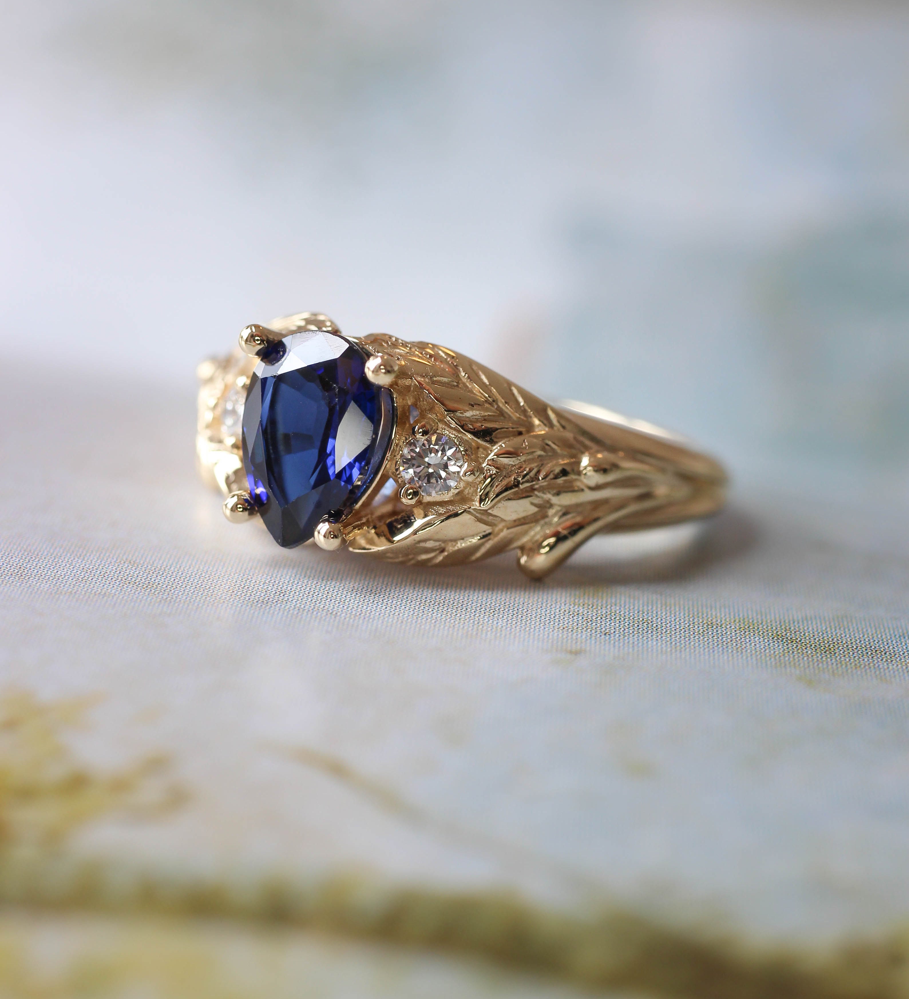 Lab sapphire and natural diamonds ring / Wisteria - Eden Garden Jewelry™