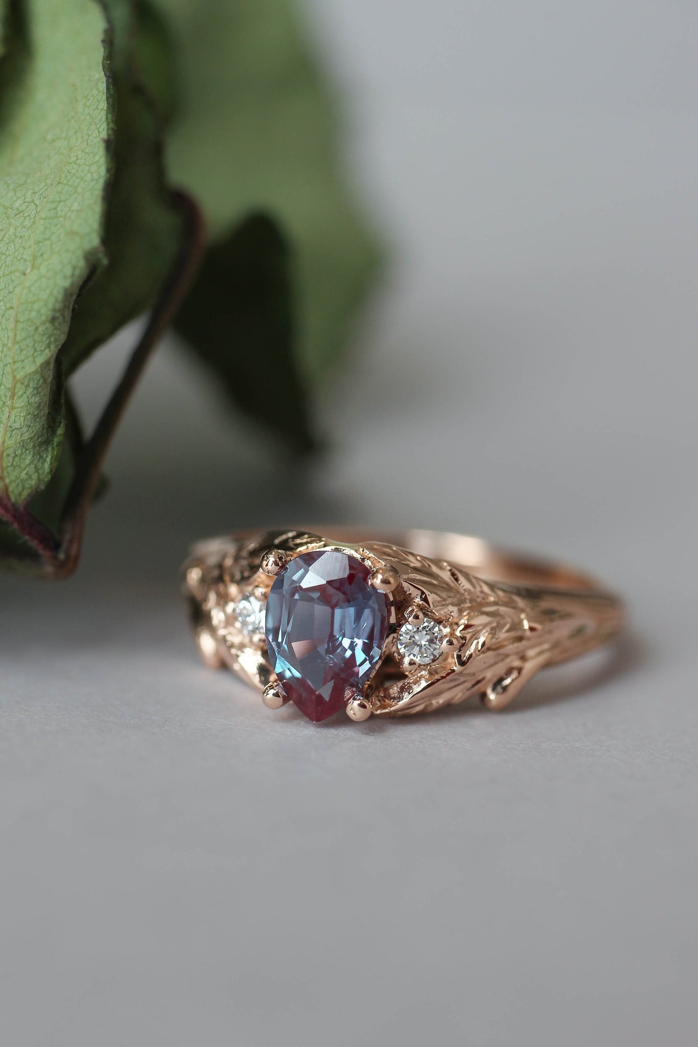 Pear alexandrite ring with diamonds, leaf engagement ring / Wisteria - Eden Garden Jewelry™