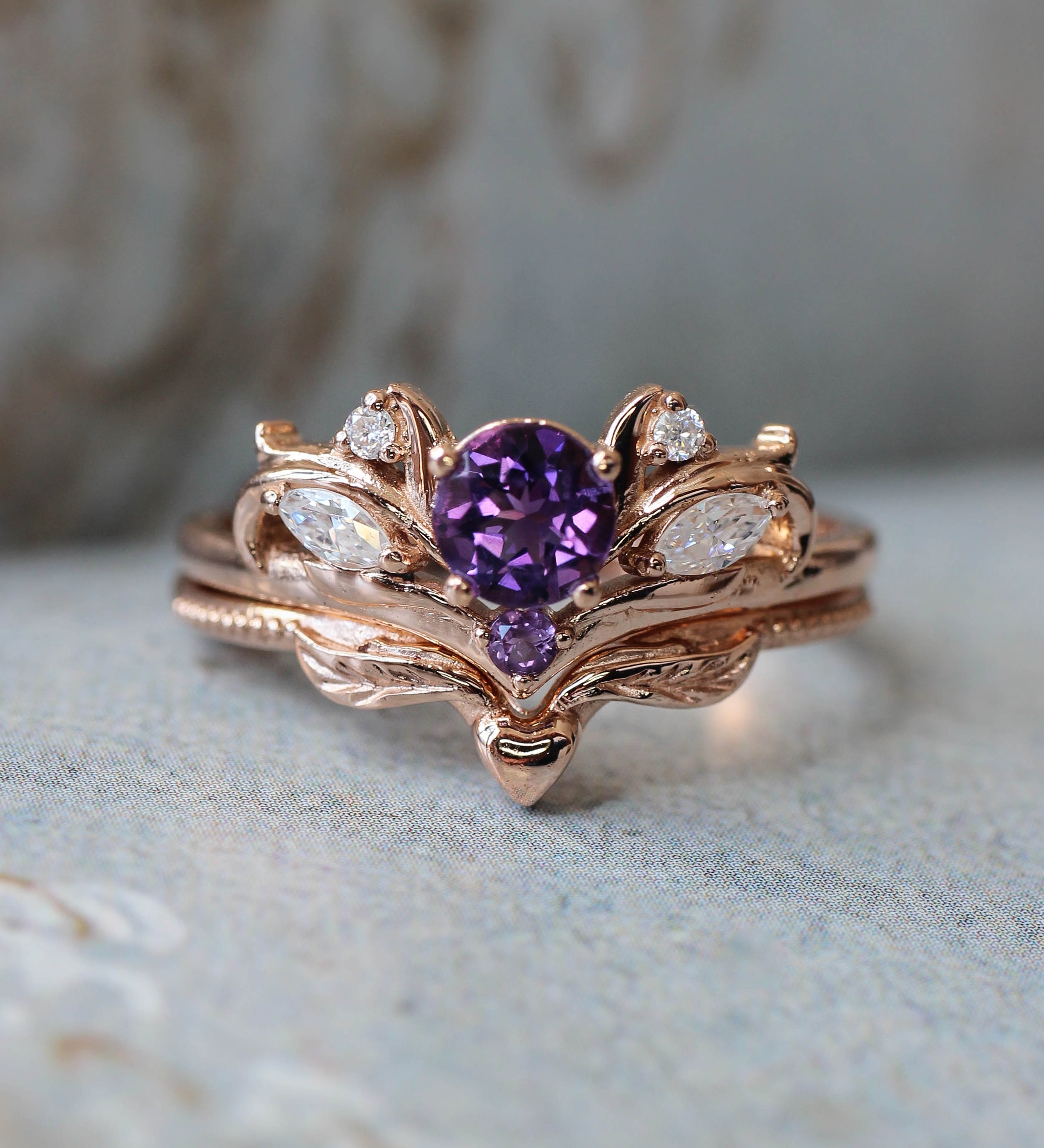 Bridal ring set with amethyst / Swanlake - Eden Garden Jewelry™