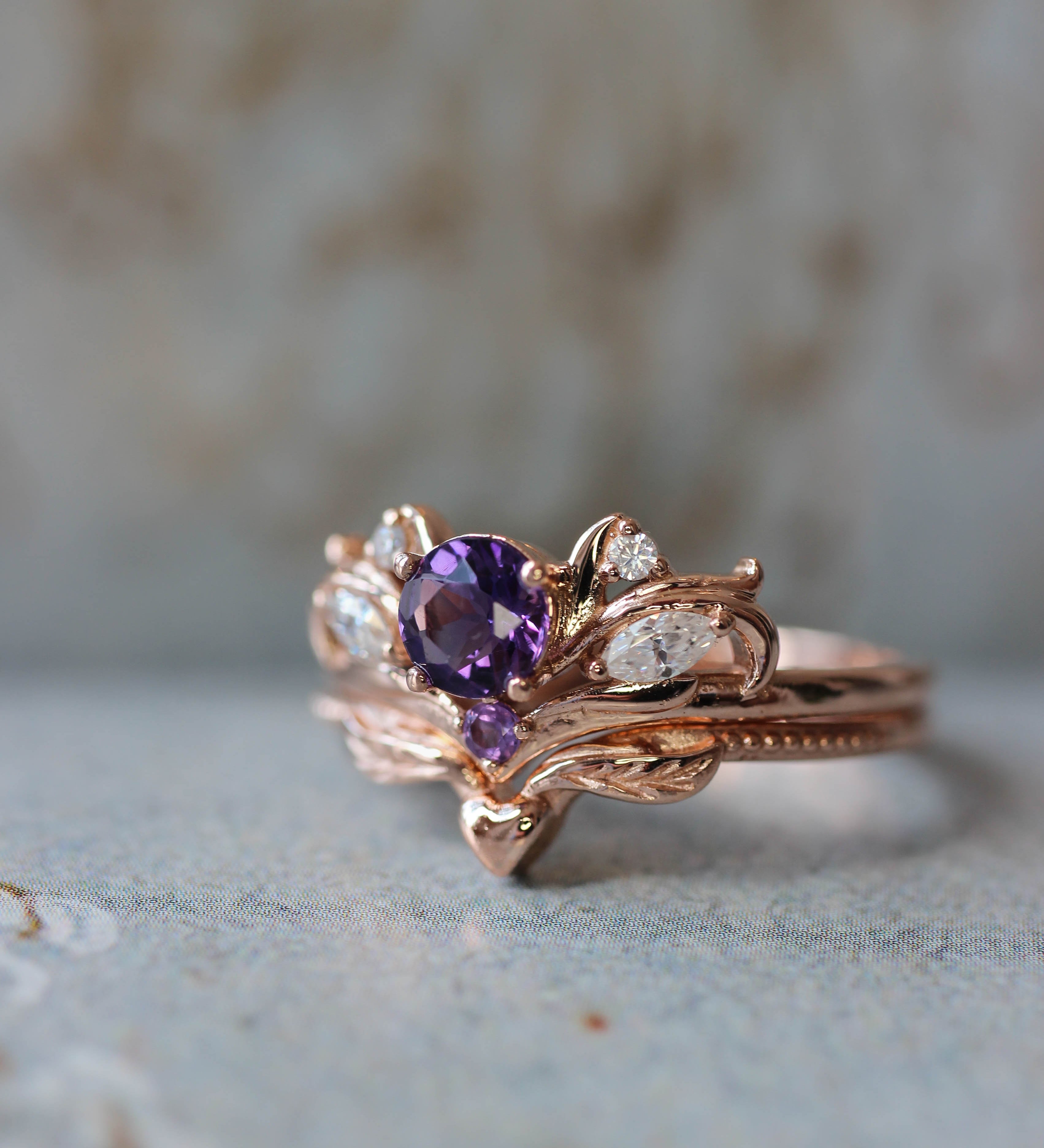 Bridal ring set with amethyst / Swanlake - Eden Garden Jewelry™