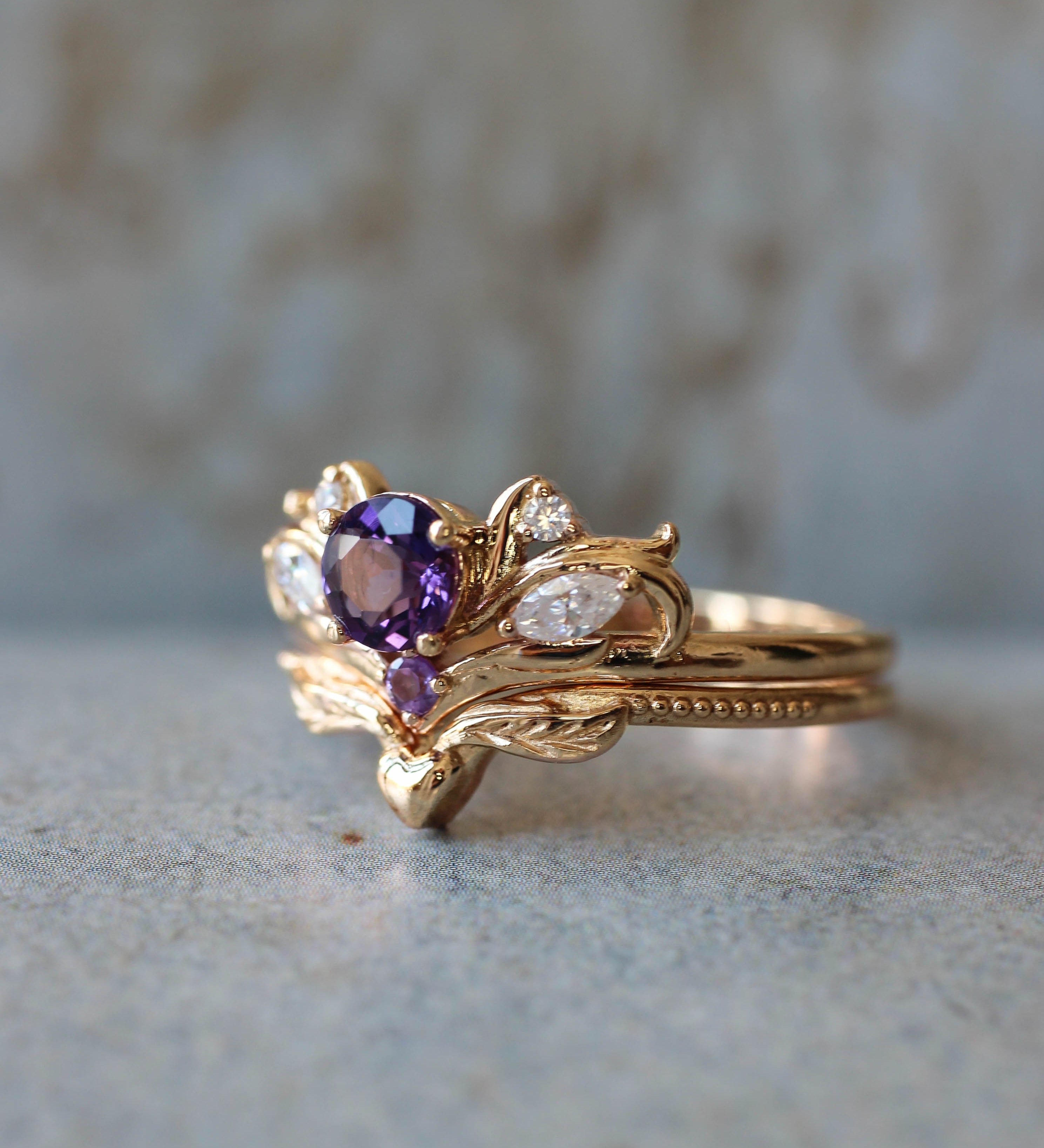 Bridal ring set with amethyst / Swanlake - Eden Garden Jewelry™