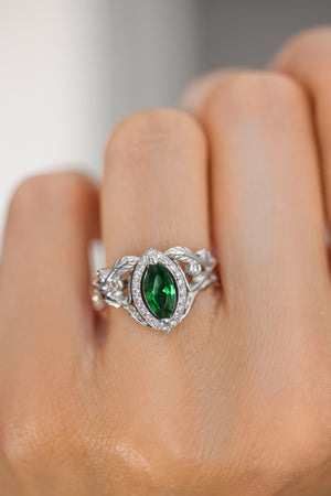 Marquise engagement ring with lab emerald and diamond halo / Callisto - Eden Garden Jewelry™