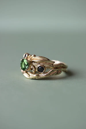 Olive branch ring with green tourmaline and black diamonds / Olivia - Eden Garden Jewelry™