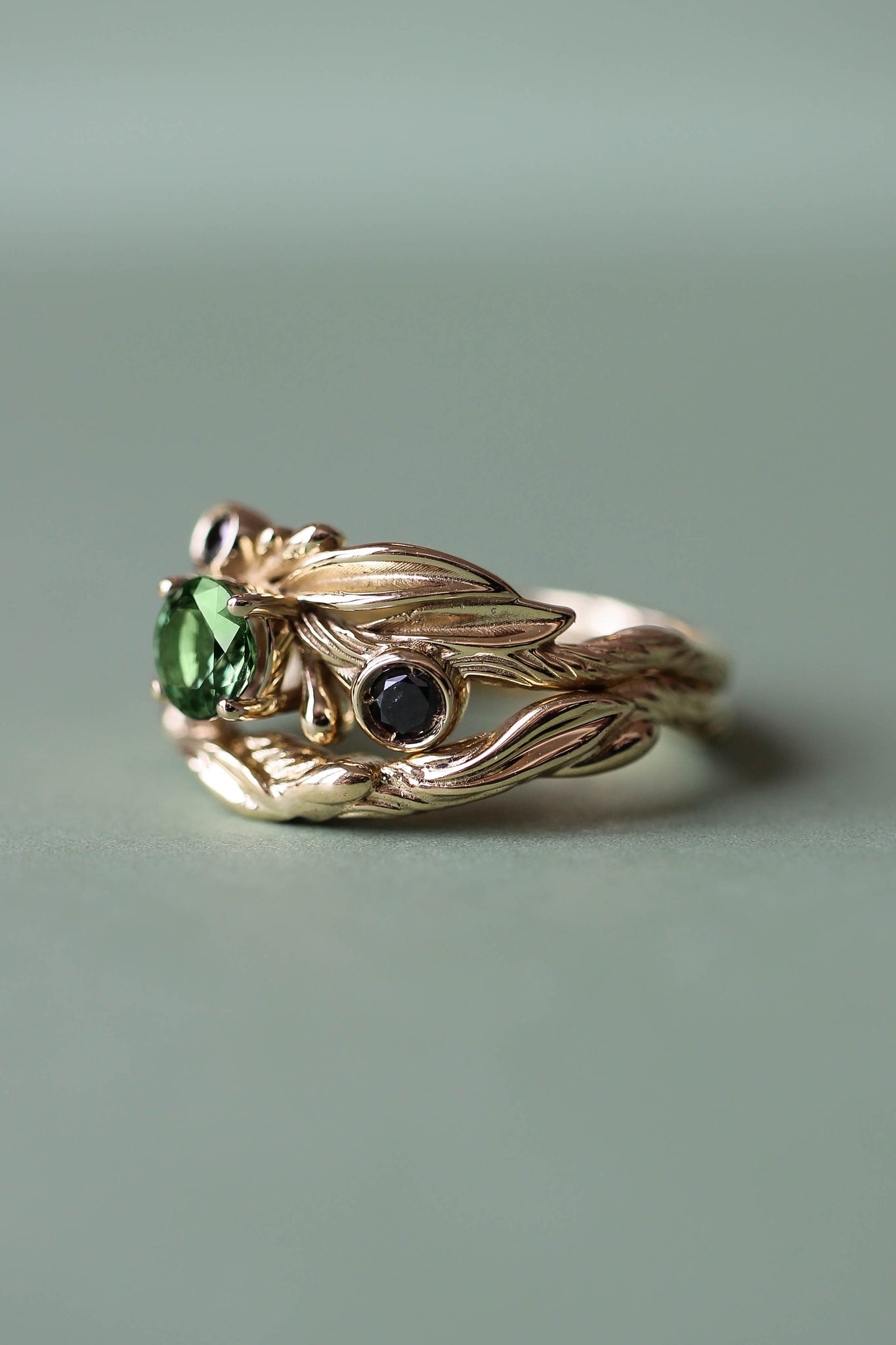 Bridal ring set with green tourmaline and black diamonds / Olivia - Eden Garden Jewelry™