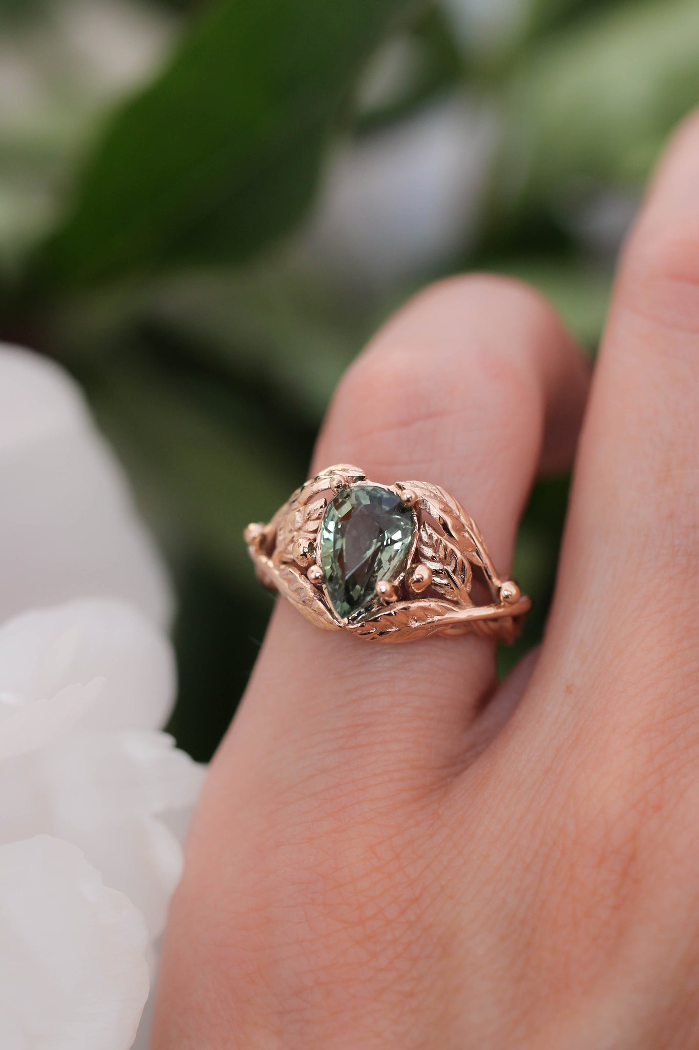 Green tourmaline leaves ring, pear cut engagement ring / Viola - Eden Garden Jewelry™