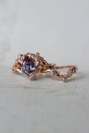 READY TO SHIP: Lida small in 14K rose gold, 7x5 mm pear cut lab alexandrite, moissanites, RING SIZE 5 US - Eden Garden Jewelry™