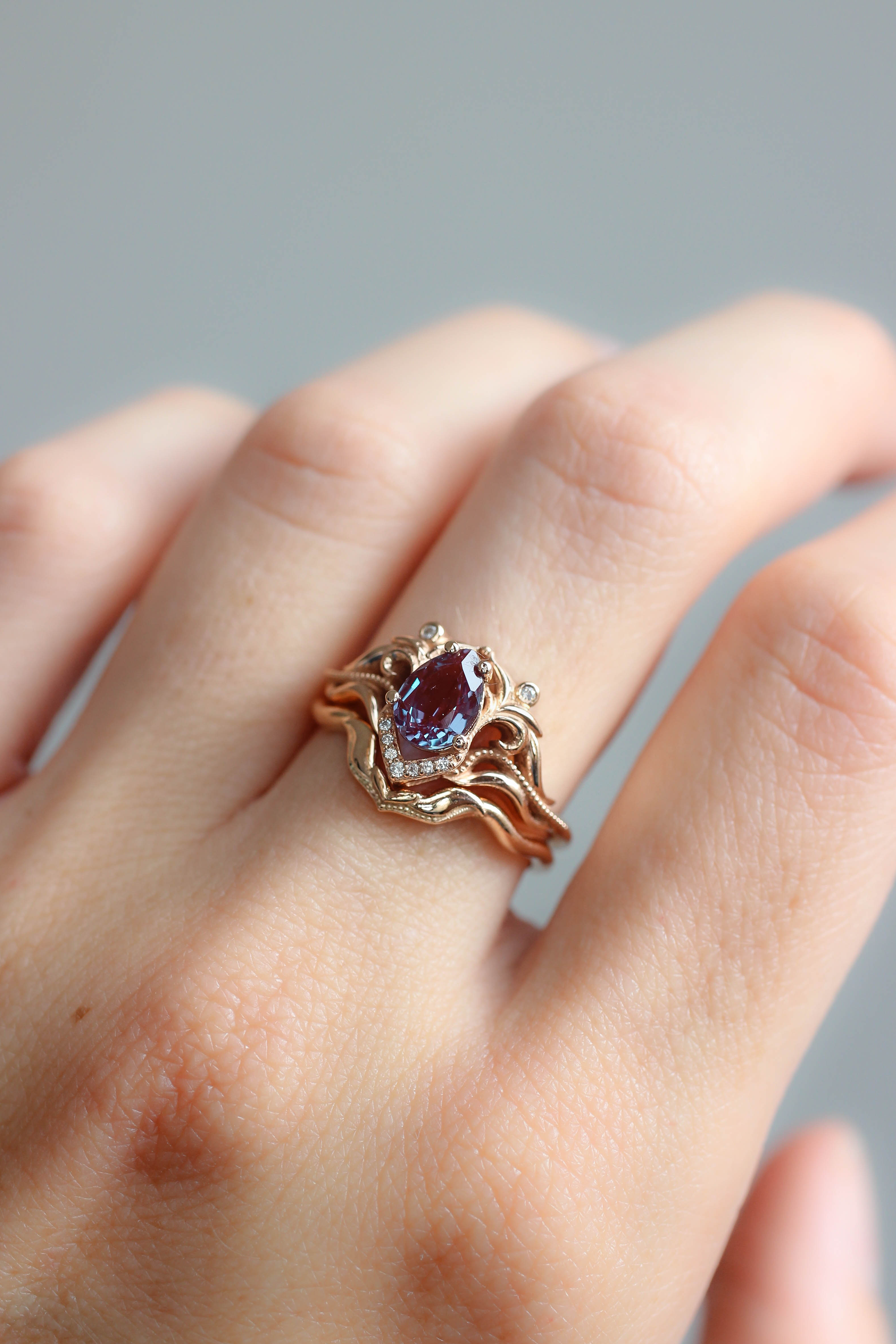 Engagement and wedding ring set, alexandrite ring with diamonds