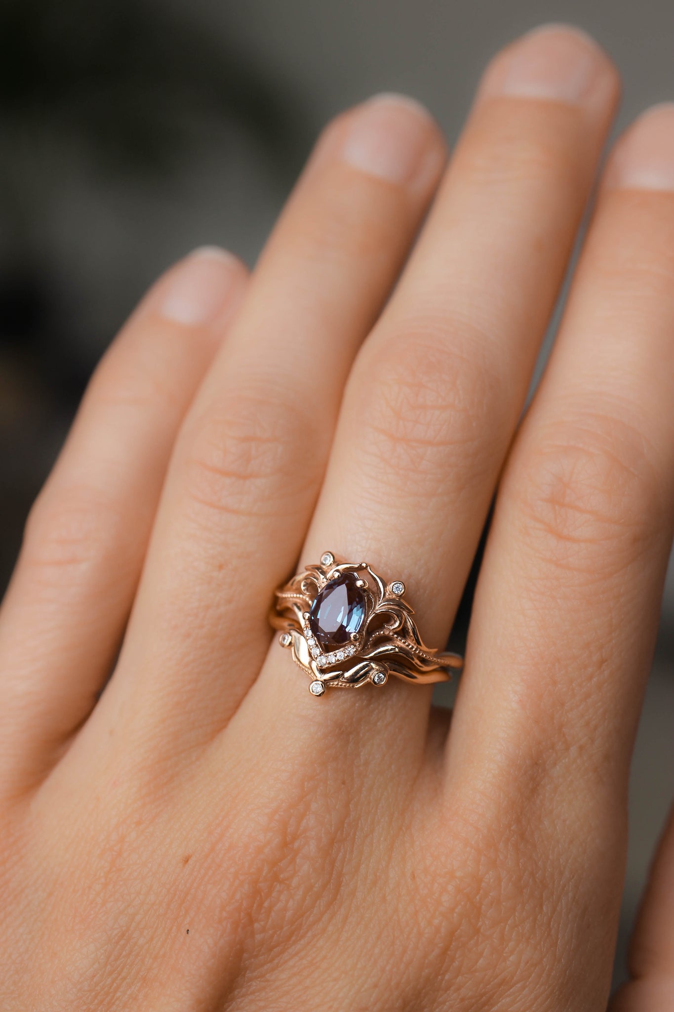 READY TO SHIP: Lida small in 14K rose gold, 7x5 mm pear cut lab alexandrite, moissanites, RING SIZE 5 US - Eden Garden Jewelry™