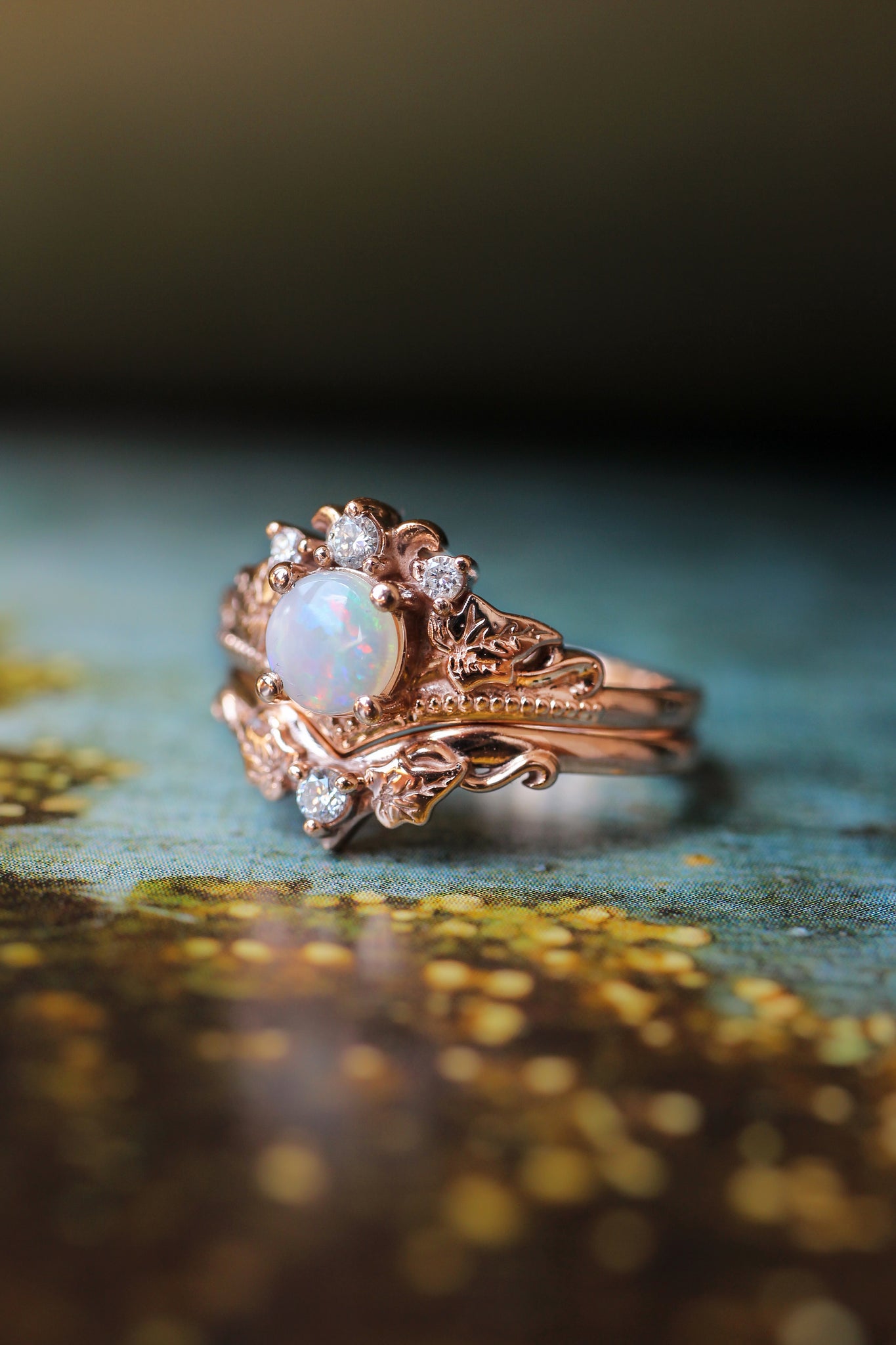 Bridal ring set with opal and diamonds / Ariadne - Eden Garden Jewelry™