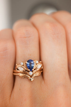 Bridal ring set with pear cut sapphire / Swanlake - Eden Garden Jewelry™