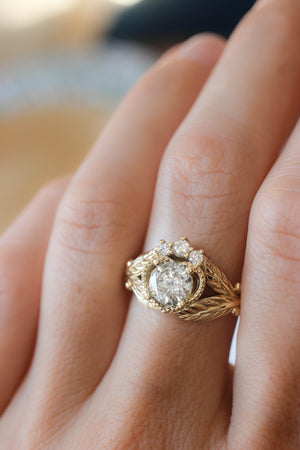 Unique Salt and Pepper Diamond Engagement Ring Gold Halo Heart Ring