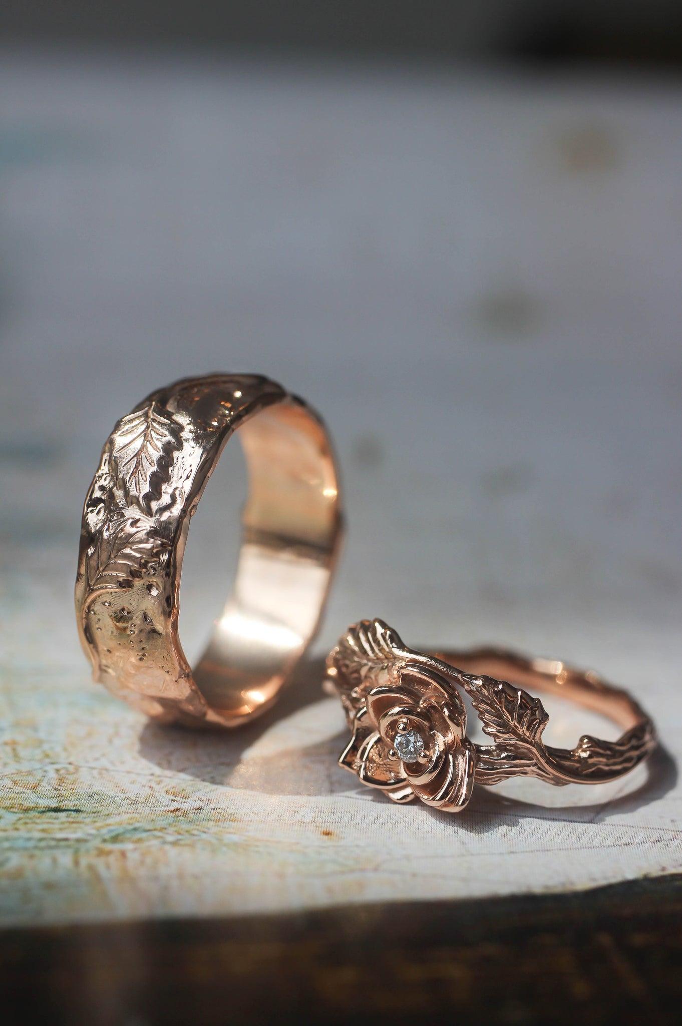 Nature wedding bands set: wide ring for him, rose flower ring for her - Eden Garden Jewelry™
