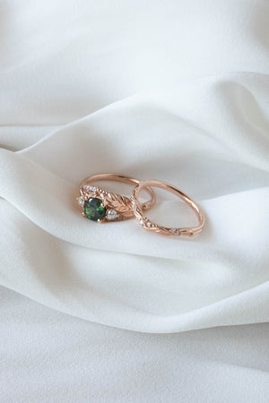 Natural green sapphire bridal ring set, elvish engagement ring set with sapphire and diamonds / Verdi - Eden Garden Jewelry™