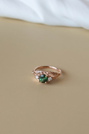 Genuine sapphire leaf engagement ring, unique gold leaves and diamonds ring / Verdi - Eden Garden Jewelry™