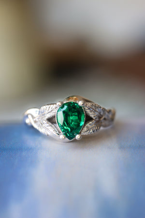 Teardrop Emerald Engagement Ring, Gold Leaves Ring / Azalea