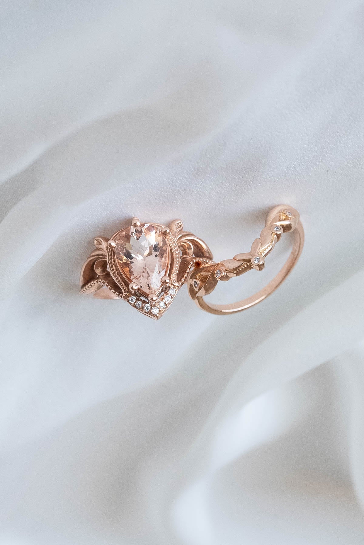 READY TO SHIP: Lida ring set in 14K rose gold, peach morganite 10x7 mm, moissanites, RING SIZE 5.5 US - Eden Garden Jewelry™