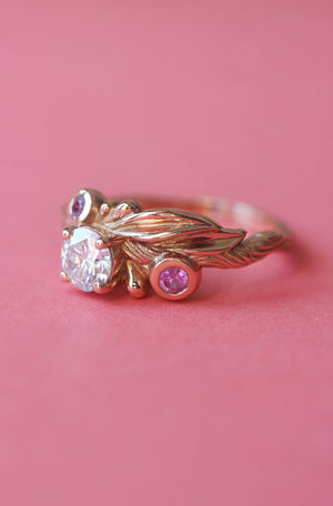 Olive branch ring with moissanite and pink sapphires / Olivia - Eden Garden Jewelry™