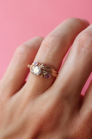 Olive branch ring with moissanite and pink sapphires / Olivia - Eden Garden Jewelry™