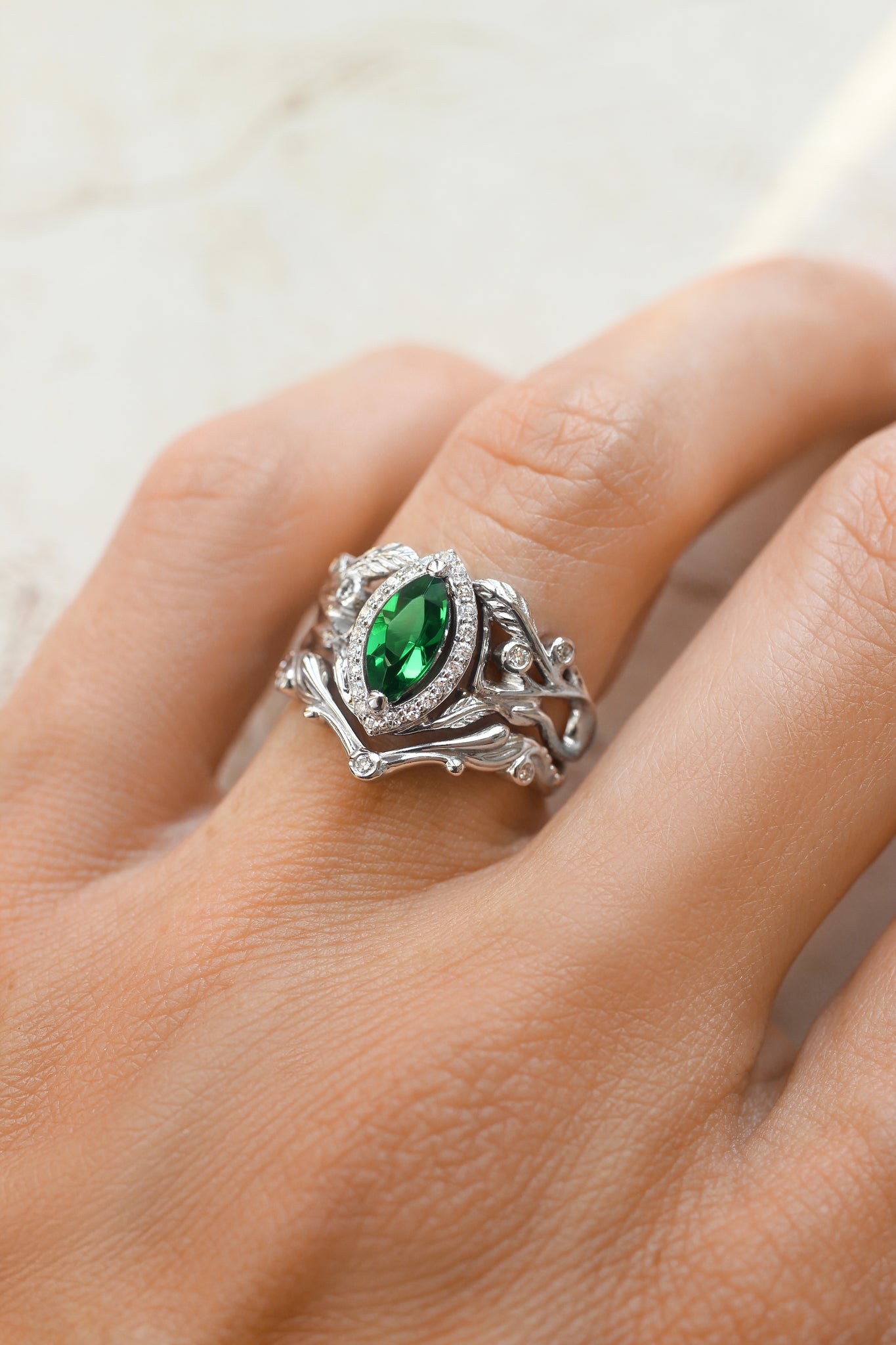 Marquise engagement ring with lab emerald and diamond halo / Callisto - Eden Garden Jewelry™