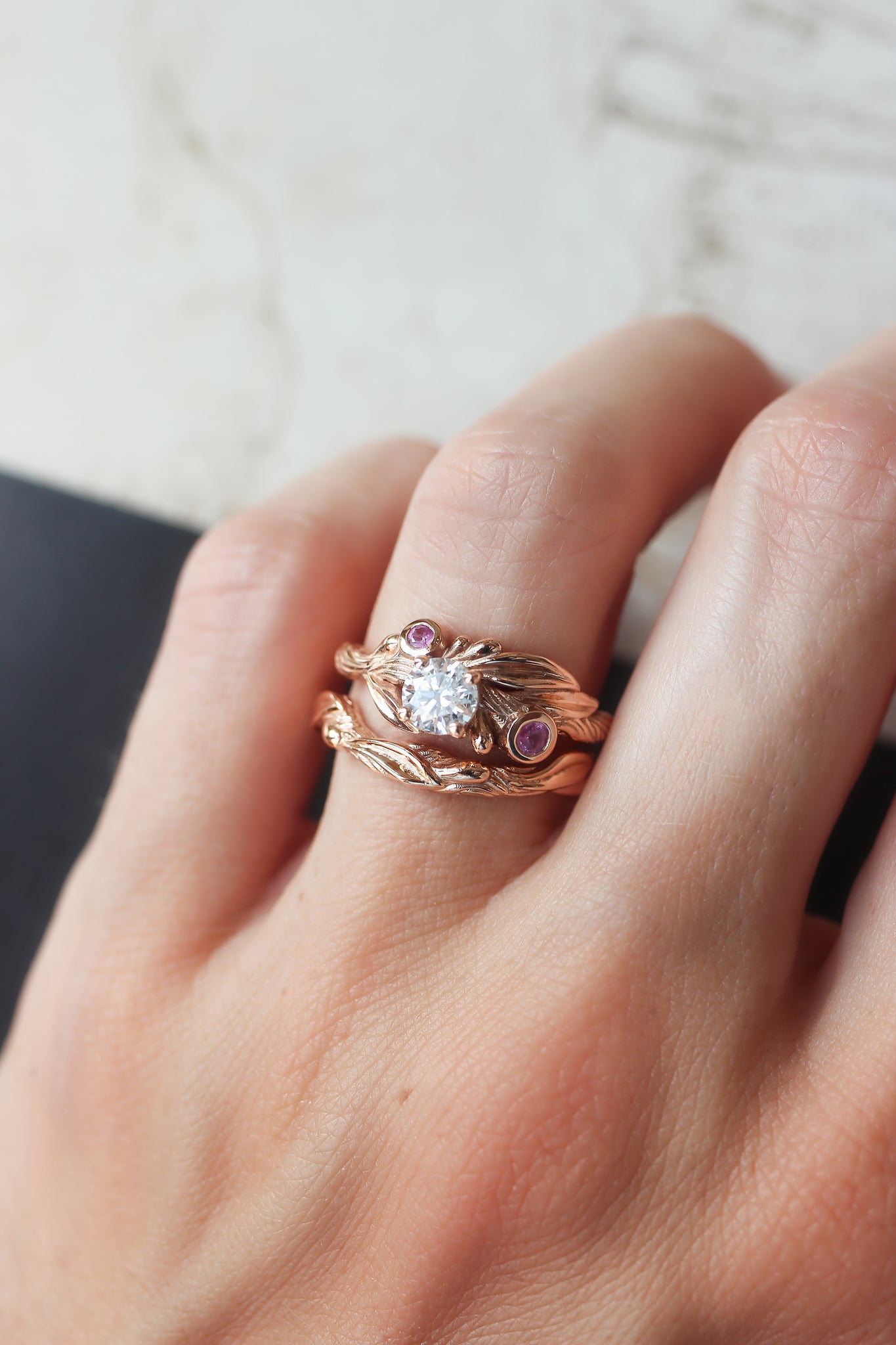 Bridal ring set with moissanite and pink sapphires / Olivia - Eden Garden Jewelry™
