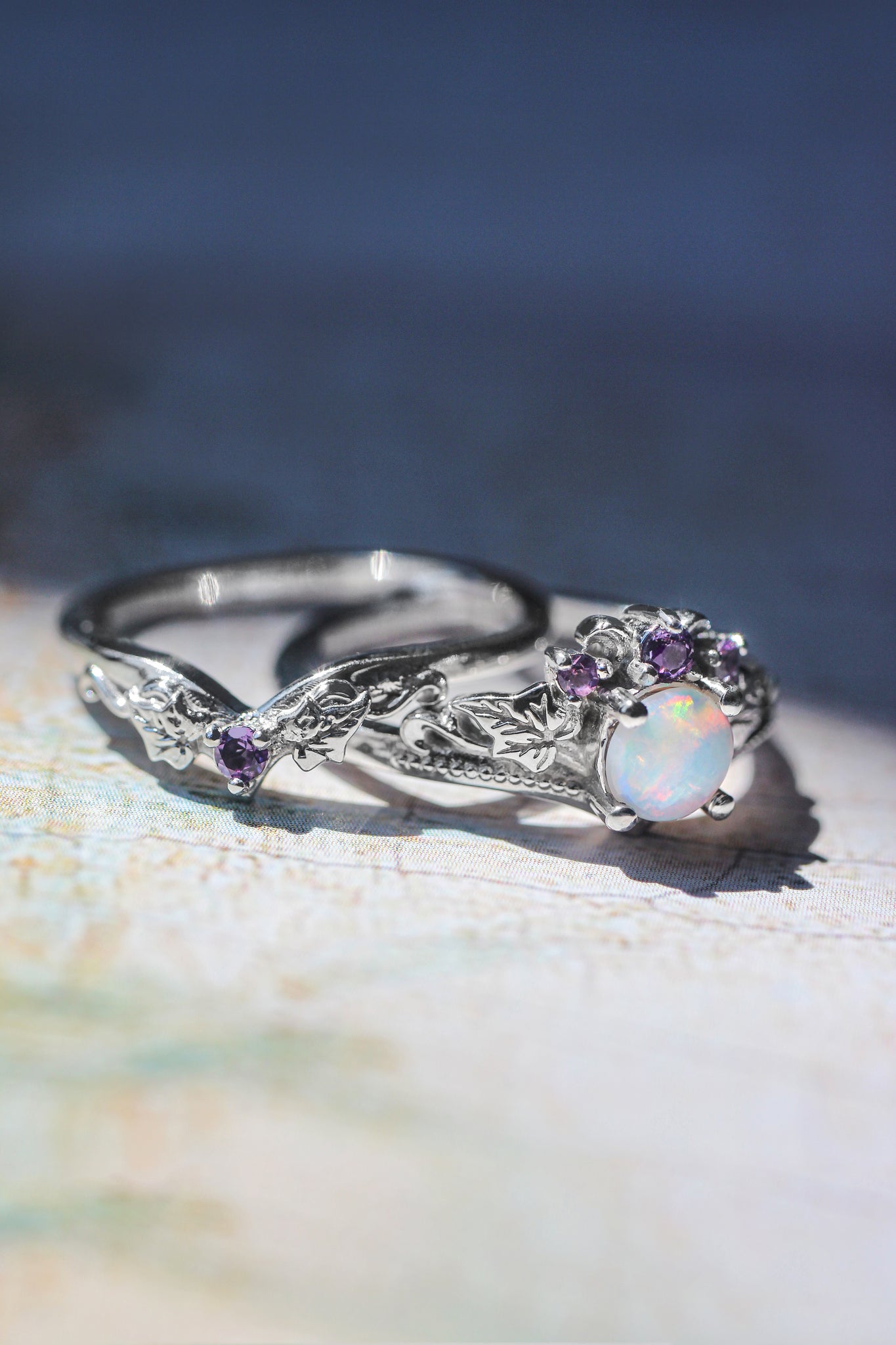 Bridal ring set with opal and amethysts / Ariadne - Eden Garden Jewelry™