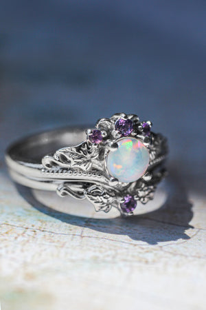 Bridal ring set with opal and amethysts / Ariadne - Eden Garden Jewelry™