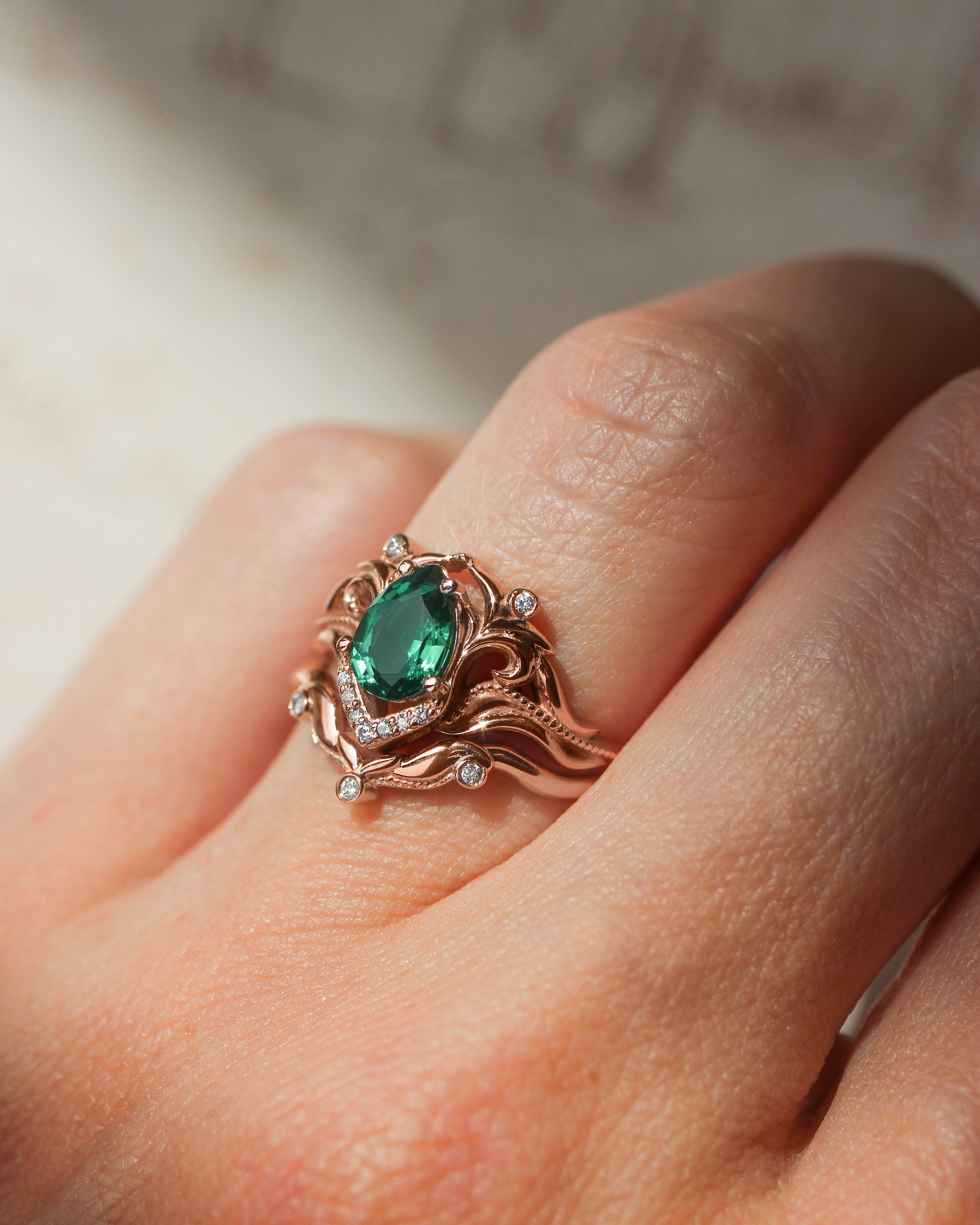 Lab emerald engagement ring, diamond wedding band set / Lida - Eden Garden Jewelry™