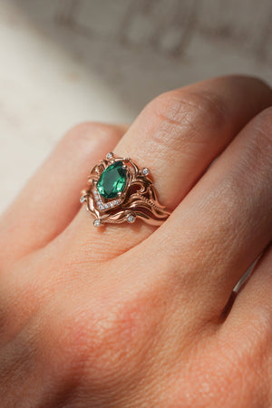 Lab emerald engagement ring, diamond wedding band set / Lida - Eden Garden Jewelry™