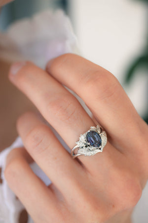 ring with alexandrite, algernative engagement rings  made in white gold with lab created alexandrite