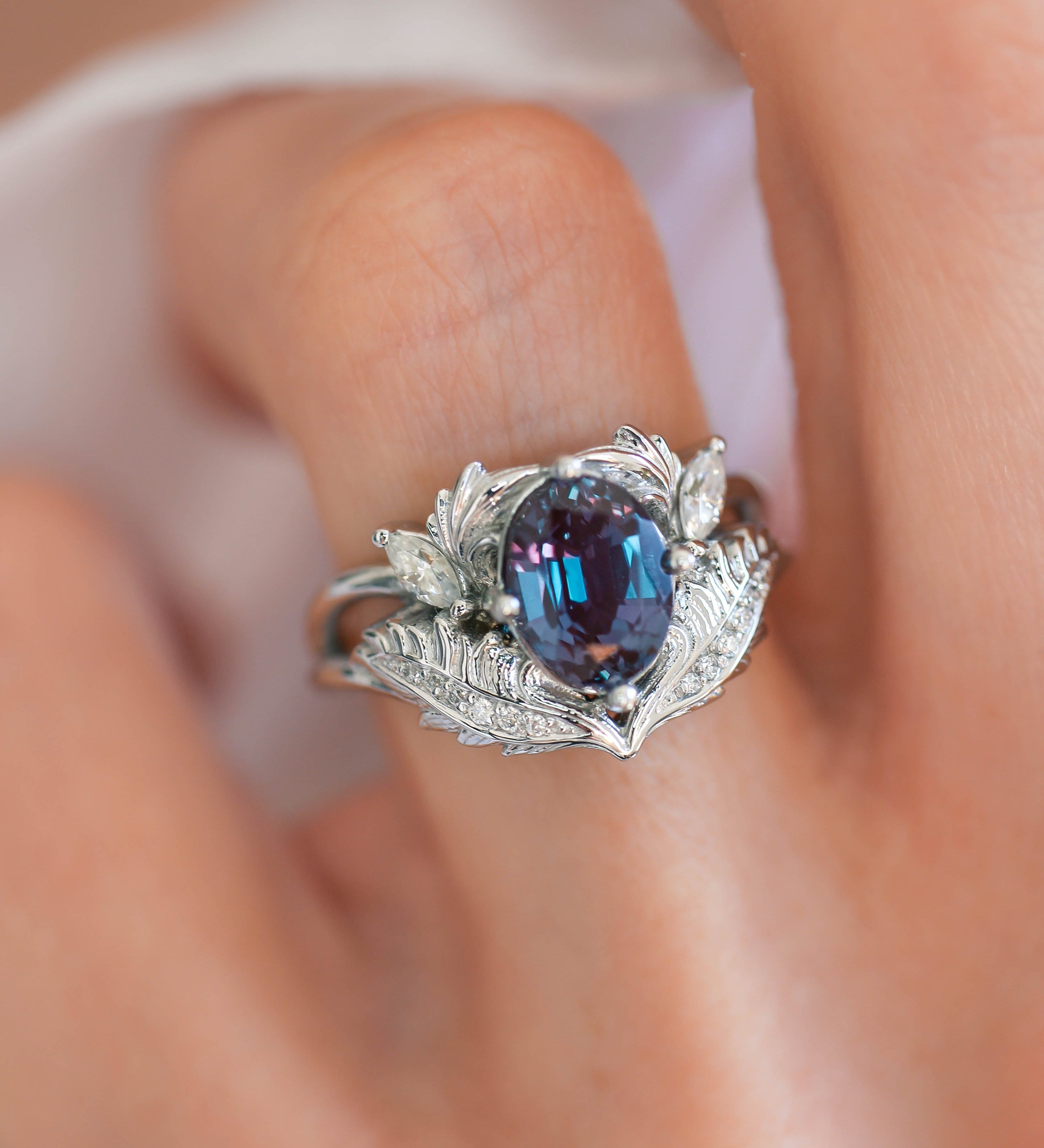 jewelry with alexandrite, Adonis  nature inspited ring style. white gold engagement ring, leaf rings