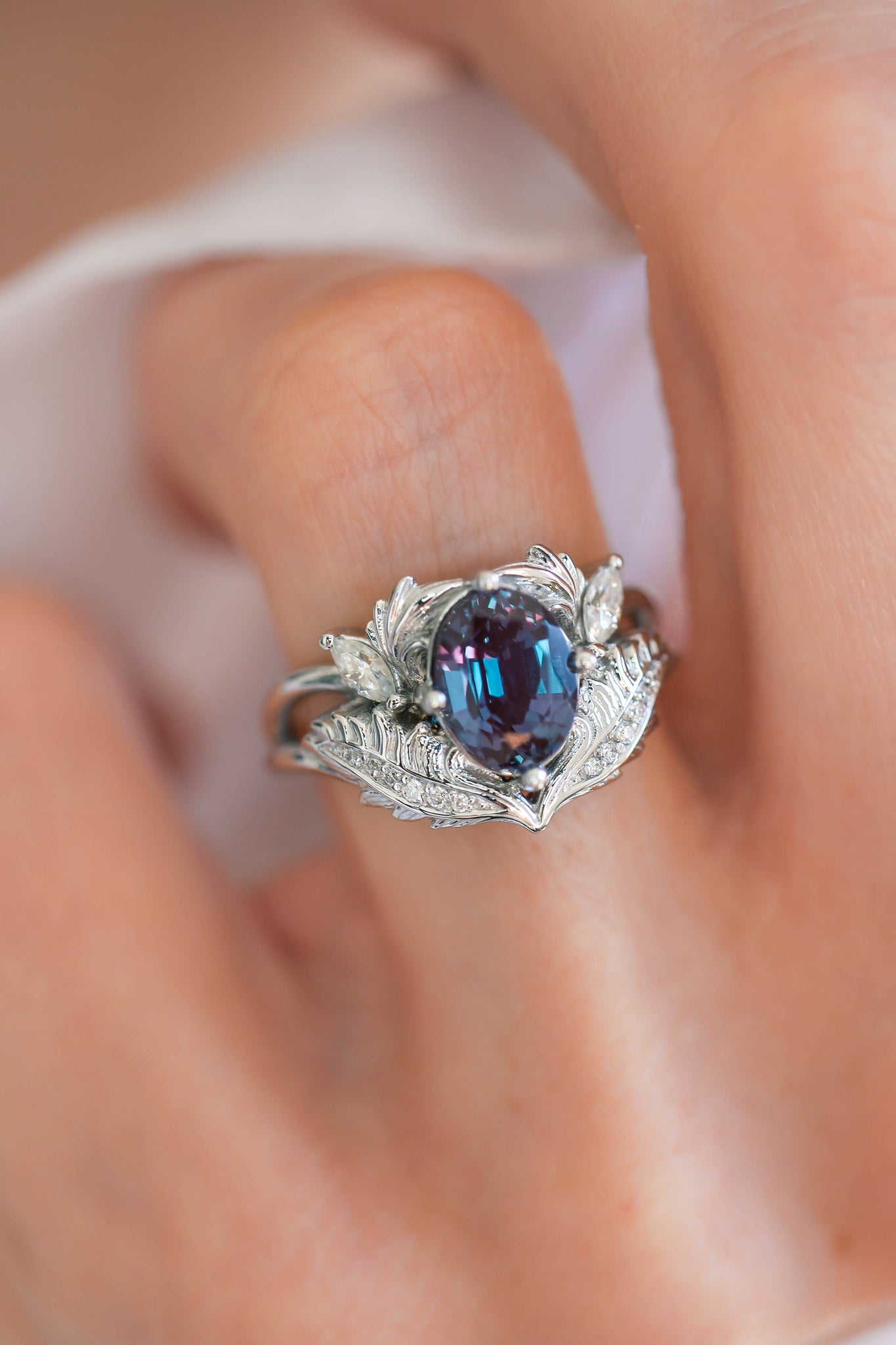 jewelry with alexandrite, Adonis  nature inspited ring style. white gold engagement ring, leaf rings