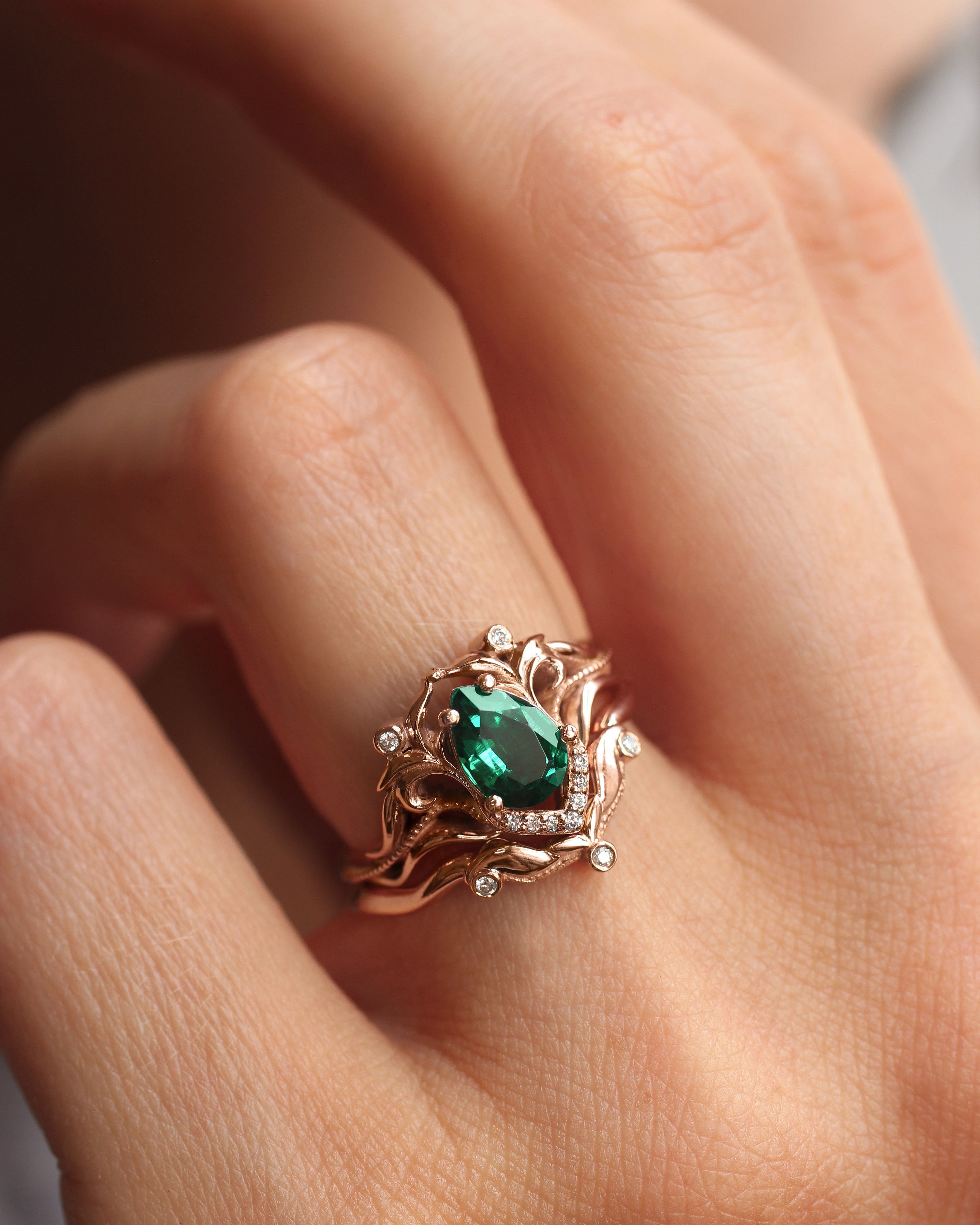 Lab emerald engagement ring, diamond wedding band set / Lida - Eden Garden Jewelry™