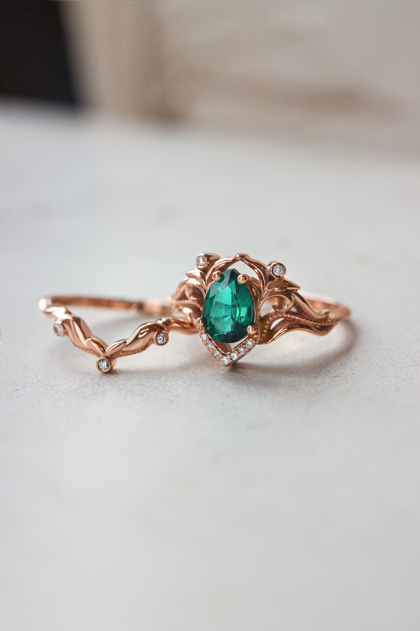 Lab emerald engagement ring, diamond wedding band set / Lida - Eden Garden Jewelry™