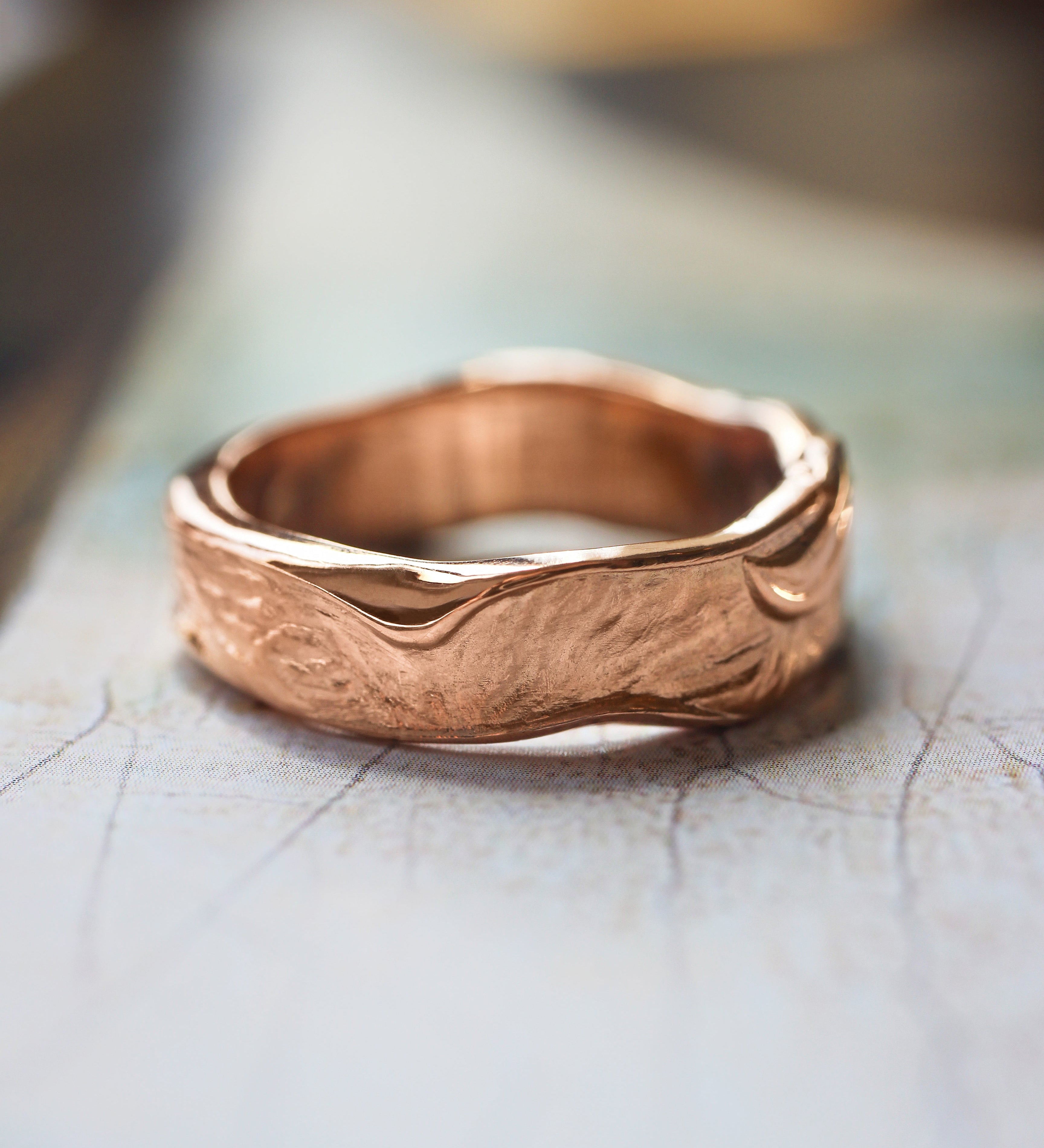 Textured men's wedding band, melted ring with fabric texture - Eden Garden Jewelry™