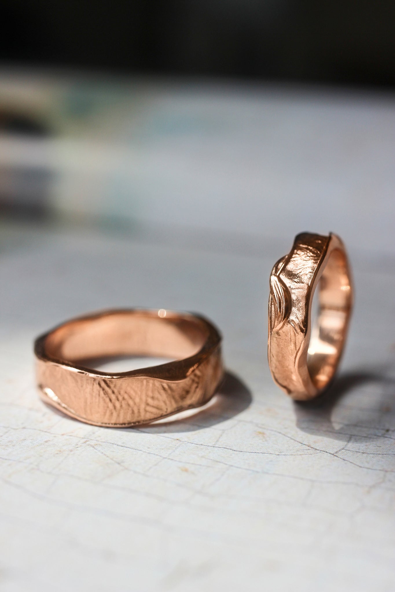 Textured wedding bands set for couple, melted rings with fabric texture - Eden Garden Jewelry™